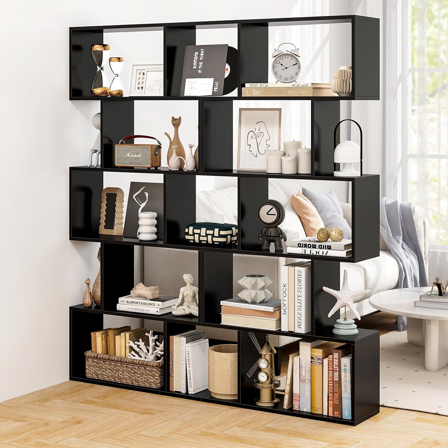 Giantex 5-Tier Geometric Bookshelf Black, 62.5" Tall Wood S-Shaped Bookcase with Anti-Tipping Device, Floor Standing Display Shelf for Bedroom, Living Room, Study