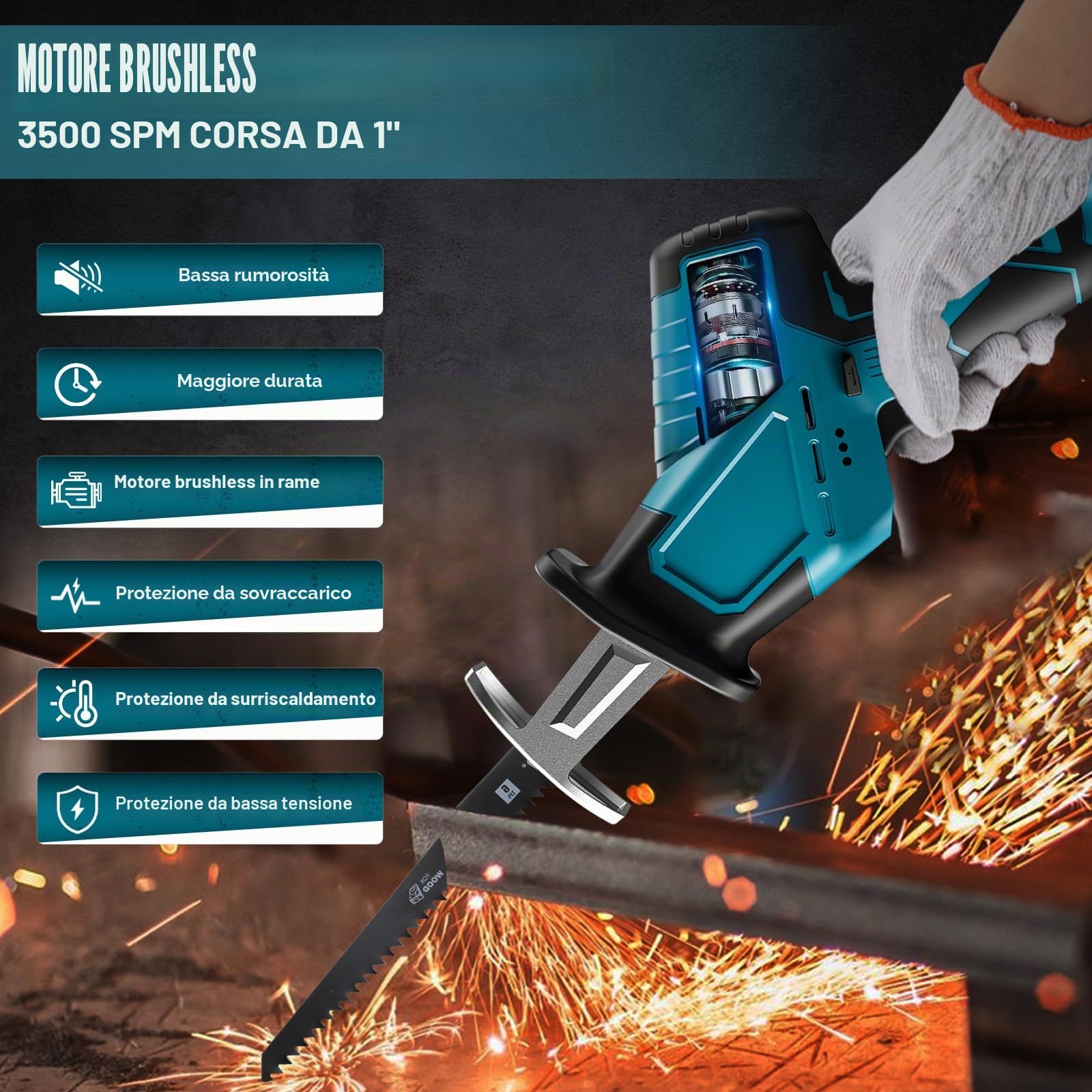 Sega recipro compatibile con Makita 18V Batterie, con 4 lame, sega a sciabola portatile per metallo, legno, tubi in PVC, taglio ad albero (Senza Caricatore)