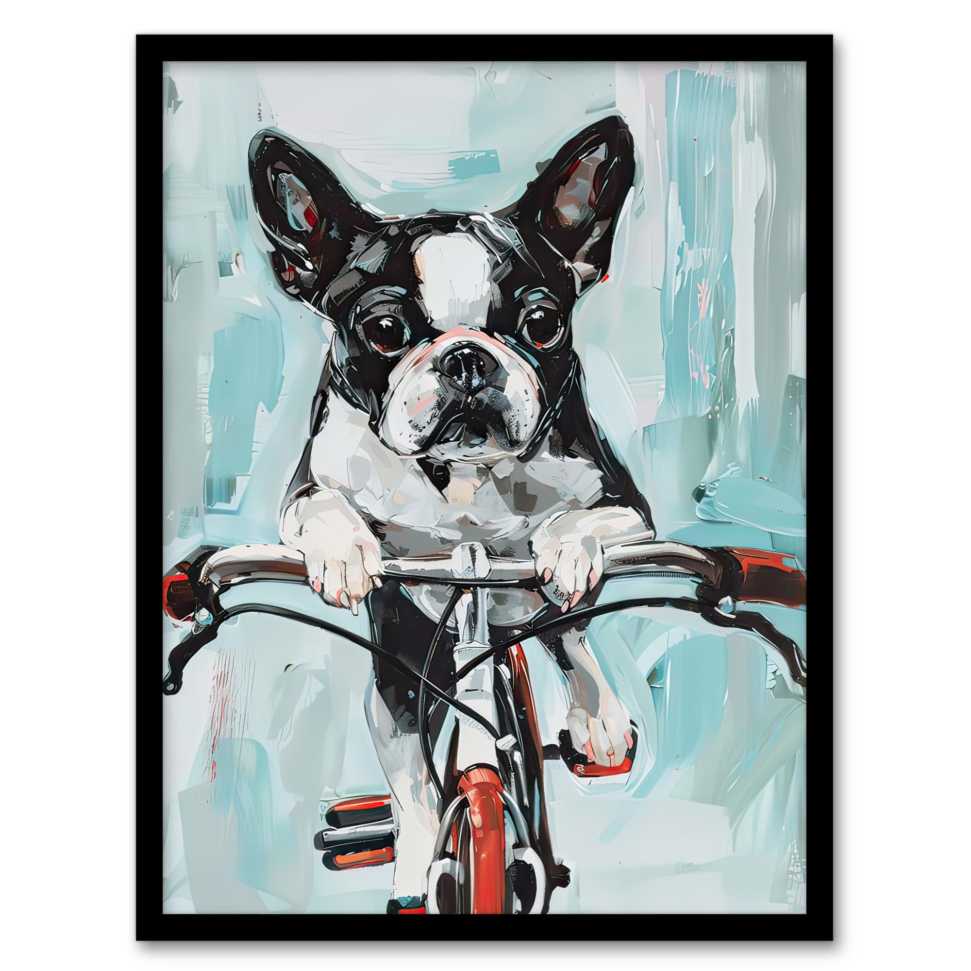 Artery8 Boston Terrier Dog Lover Bicycle Oil Painting Fun Living Room Artwork Framed Wall Art Print A4
