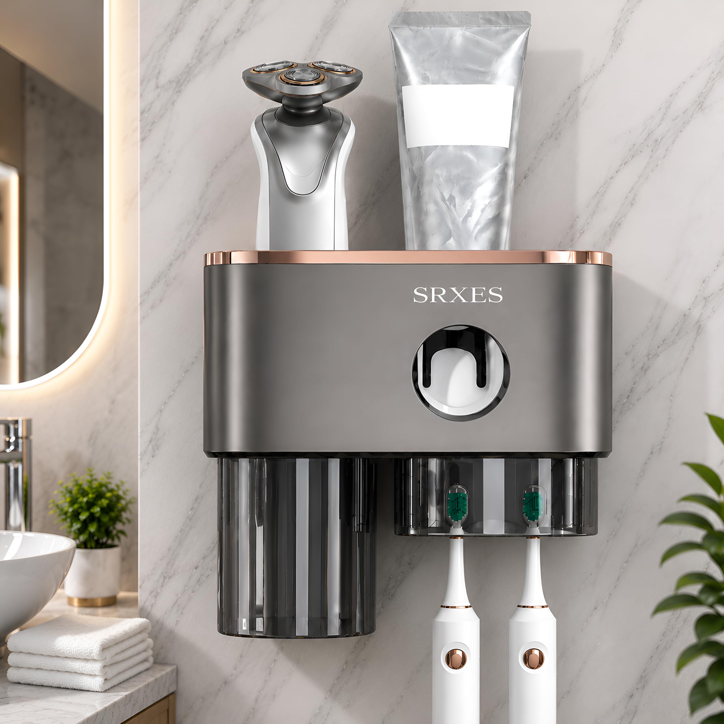 Srxes Stainless Steel Toothbrush Holder with Toothpaste Dispenser, Wall Mounted Tooth Brush Holder for Bathroom, Self Adhesive Toothbrush Holder, Bathroom Organizer (Titanium Black, 1 Cup)-image-44