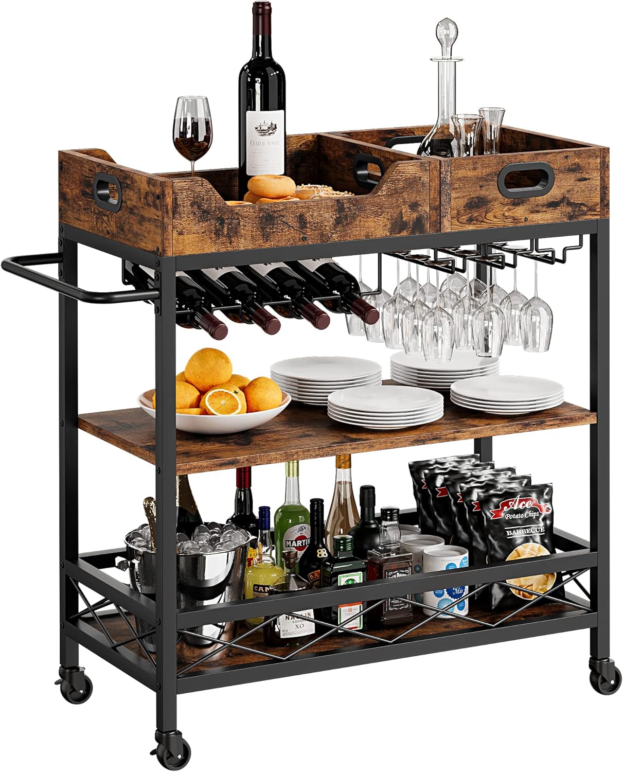 IDEALHOUSE 3 Tier Bar Carts for The Home, Rustic Brown Bar Cart with Wheels, Two Portable Trays, Wine Rack, Glasses Holder, Industrial Serving Cart for Kichen, Living Room, Dining Room