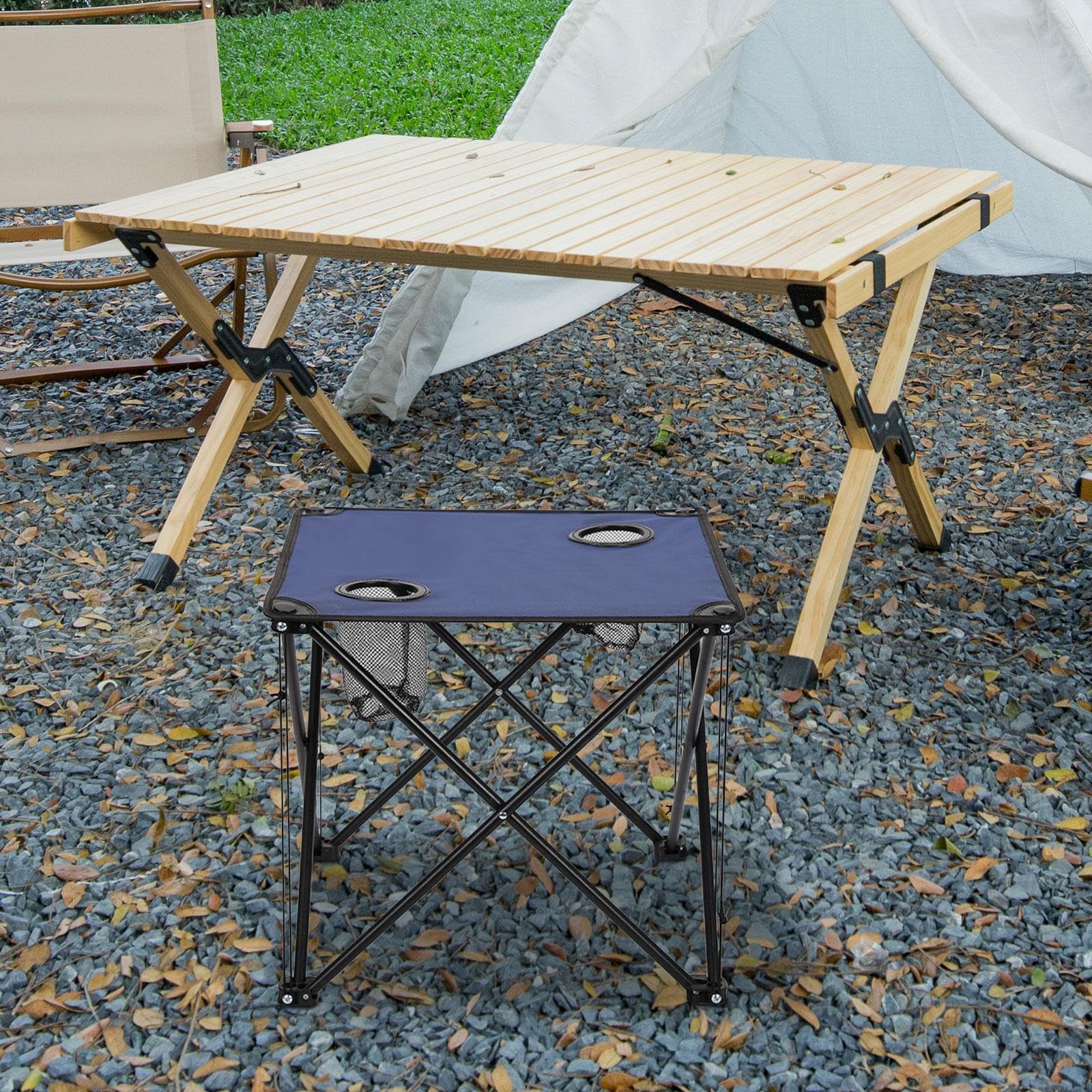 kowaku Table de Camping Pliable Multifonctionnelle pour Extérieur avec Porte-gobelets Ossature Métallique Solide Tissu Oxford Rangement Facile, Bleu