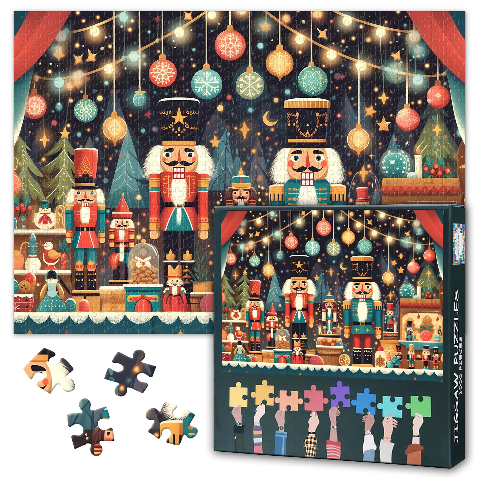 Nutcracker Christmas Jigsaw Puzzle 1000 Pieces for Adults Festive Holiday Toy Soldiers Wooden Figures Winter Theme Puzzle Family Activity Home Decor 27.5x19.7 Inch