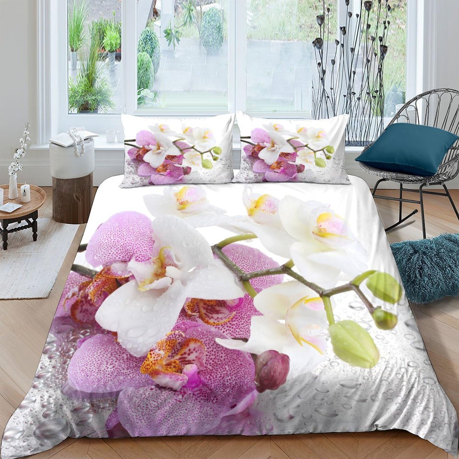 Ctjqhvkz Style-1 3D Printed Orchid Flower Fitted Sheet Microfiber Pink White Blossom Bed Cover Anti-Slip Washable For Bedroom Guest Room Single（135X200cm）