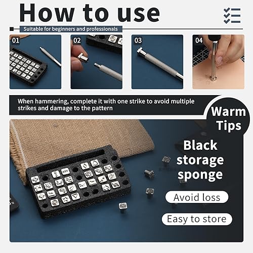 Miniatura 6 de Juego de 33 herramientas de estampado de cuero 32 sellos de cuero  1 mango de estampado para manualidades de cuero juego de sellos de herramientas