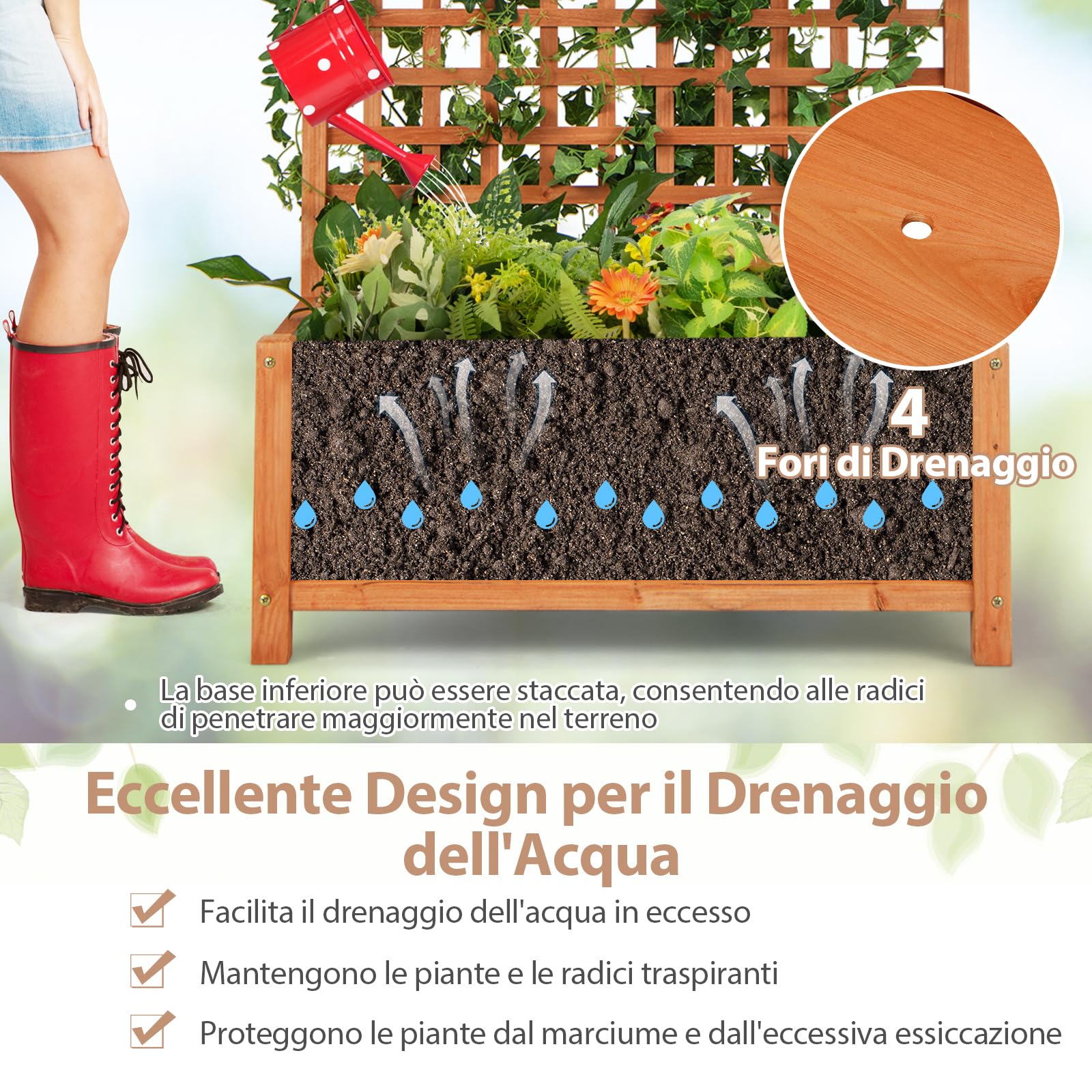 COSTWAY Fioriera da Esterno con Grigliato e Tettuccio, Fioriera in Legno da Interno Esterno con Fori di Scarico, Vaso con Spalliera per Piante Rampicanti Viti Fiori