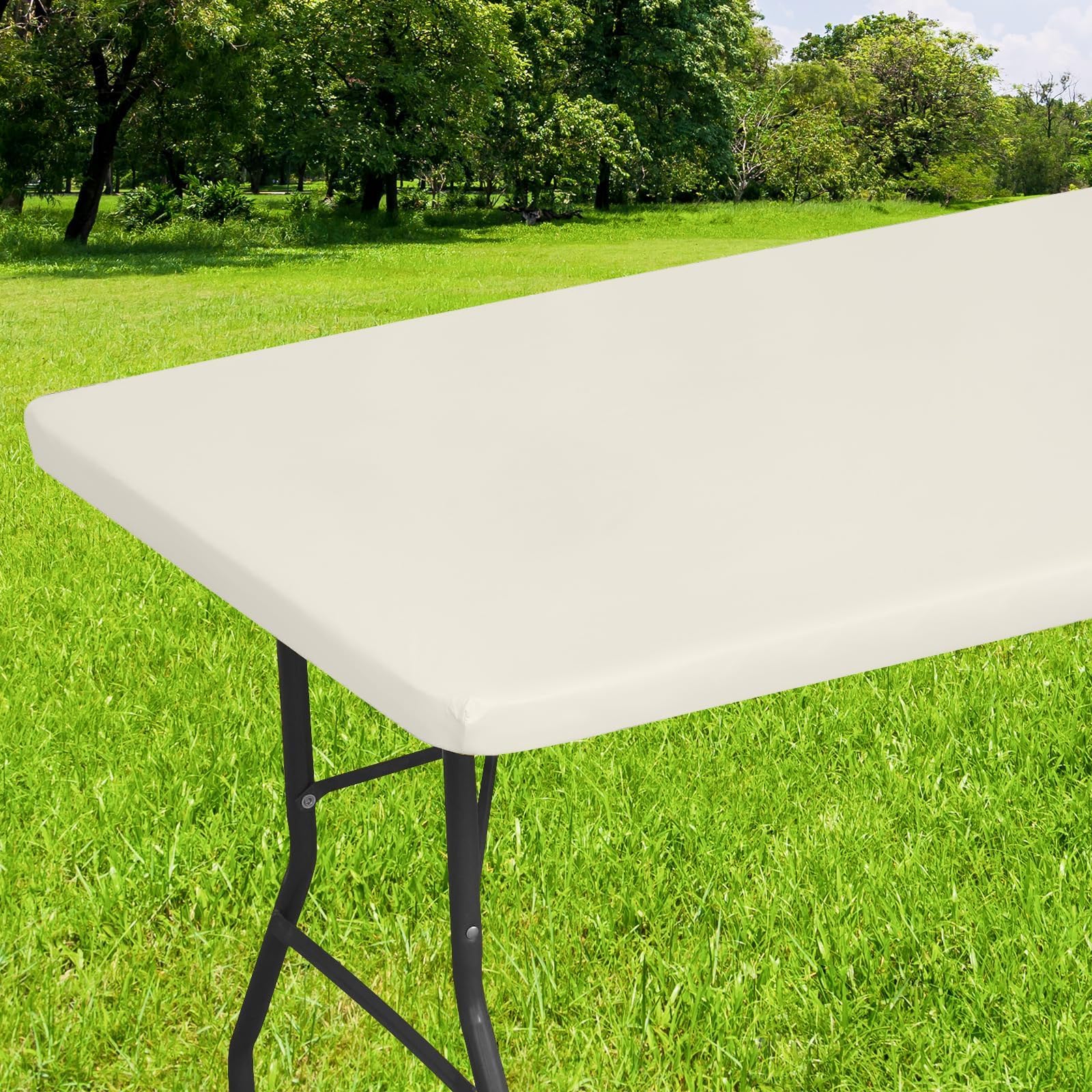 Smiry Rectangle Tablecloth, Elastic Fitted Flannel Backed Vinyl Tablecloths for 8ft Folding Tables, Waterproof Wipeable Table Covers for Indoor, Outdoor, Picnic and Camping (Beige, 30"x96")