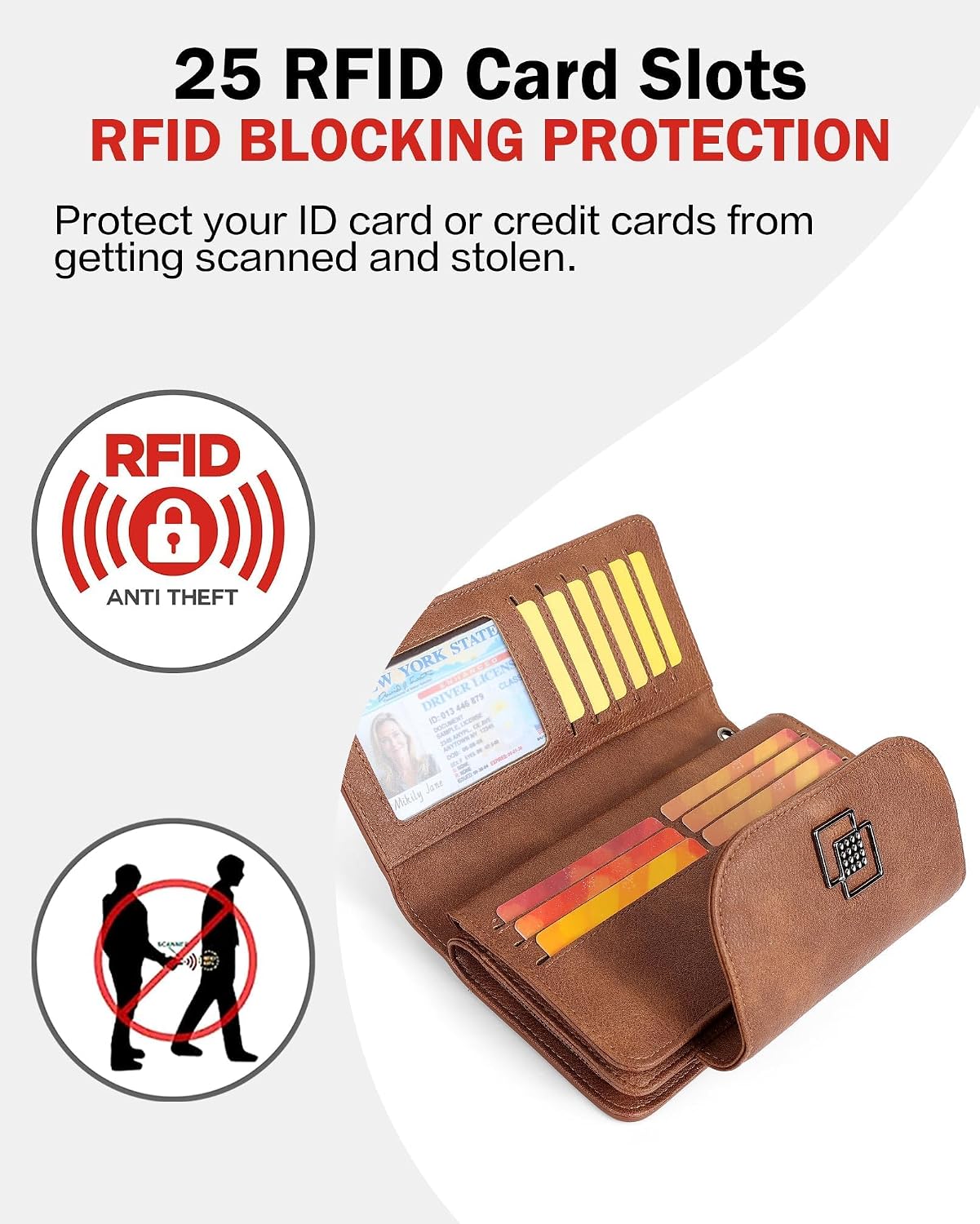 FADEON Leather Wallets for Women, Designer Large RFID Blocking Trifold Wristlet Purse with Credit Card Holder Organizer Brown