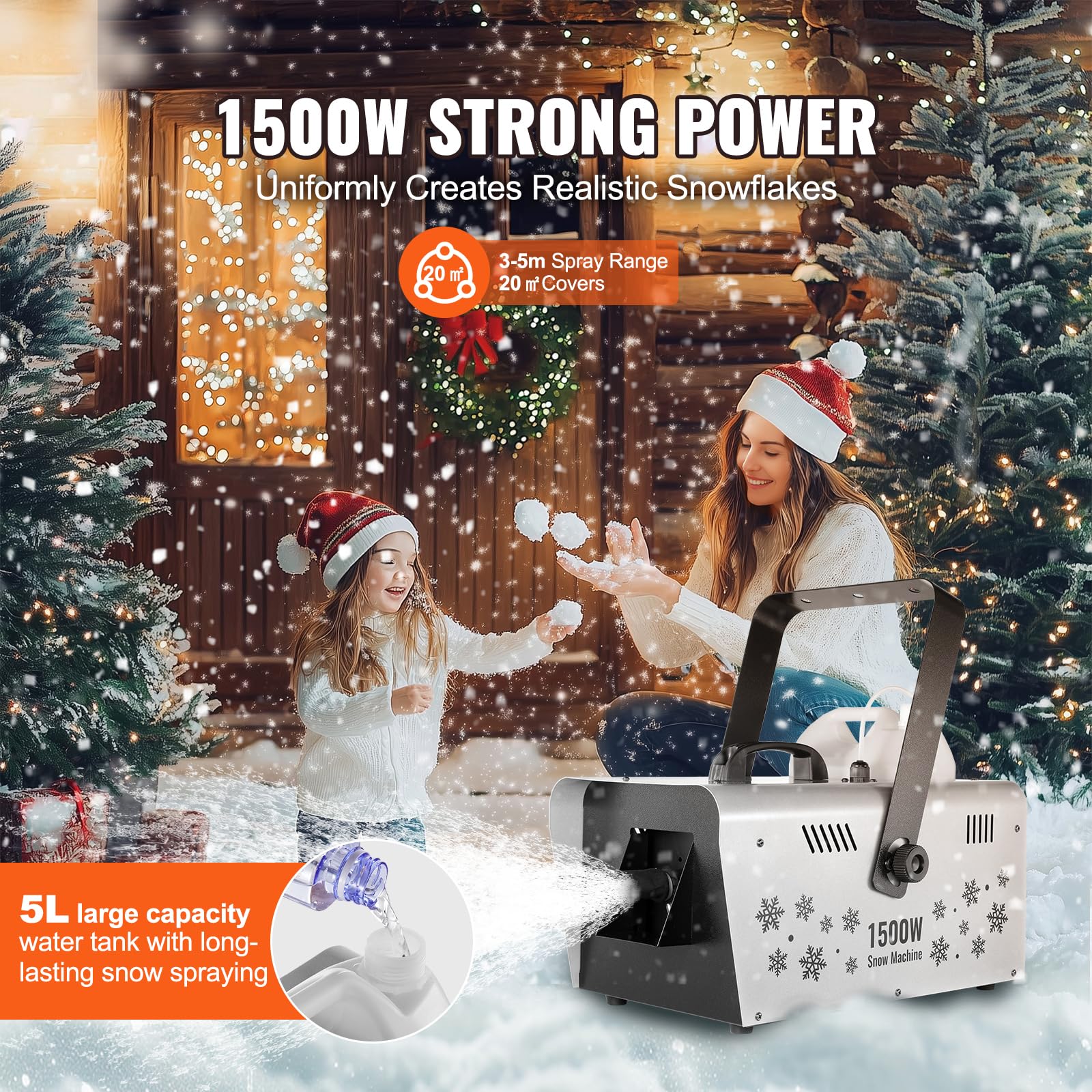 Happybuy Snow Machine, 1500W Snow Maker Machine with 2 Remotes Control and 5L Large Capacity Water Tank, High Output Snowflake Maker Stage Snow Effect for Christmas, Halloween, Wedding, DJ Parties