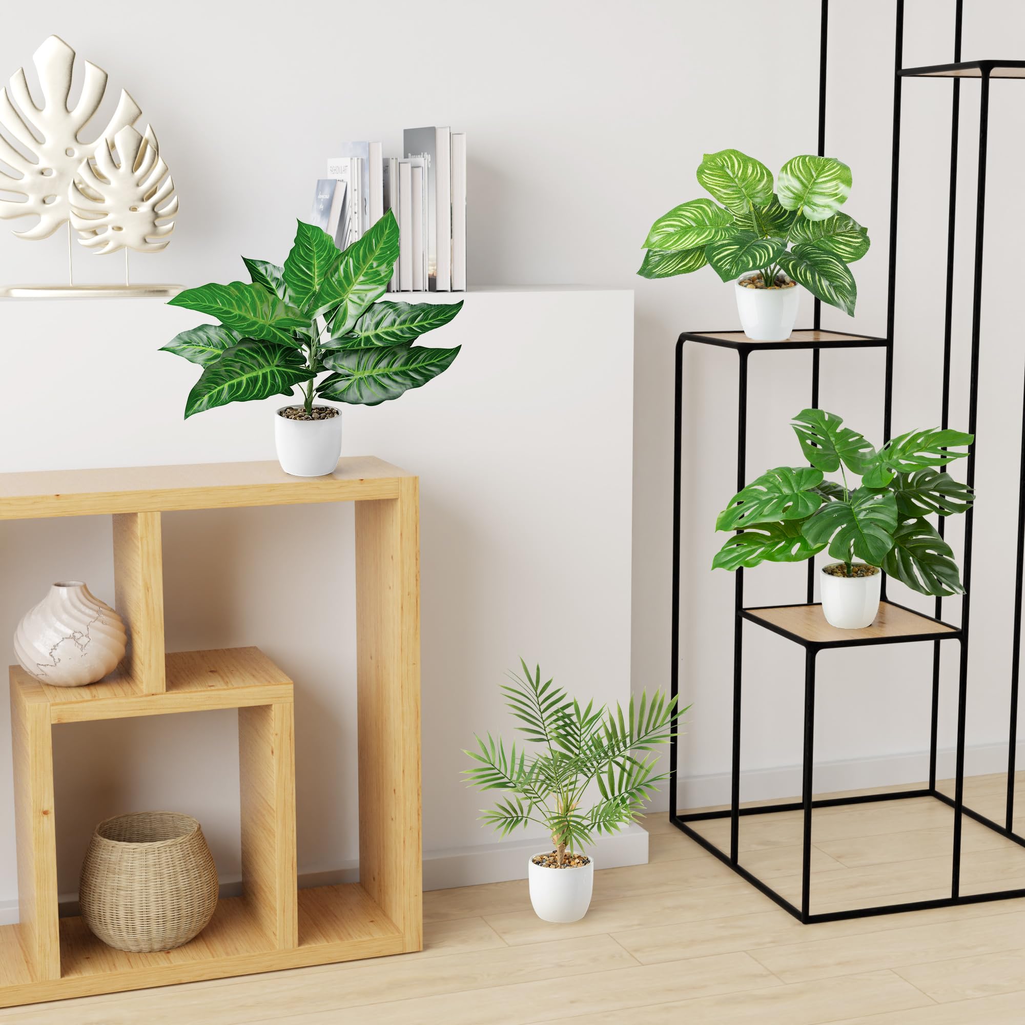 PASCH® Set di 4 piante artificiali tropicali come reali (35 cm) in vasi di ceramica bianchi: tra cui Monstera artificiale e Areca palma artificiale | piante artificiali in vaso | Fake Plant | fiori
