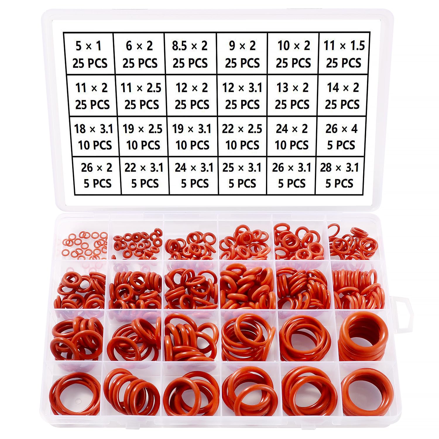 Kit O-Ring In Silicone 385 Pezzi 24 Misure - Guarnizioni Per Idraulica E Meccanica