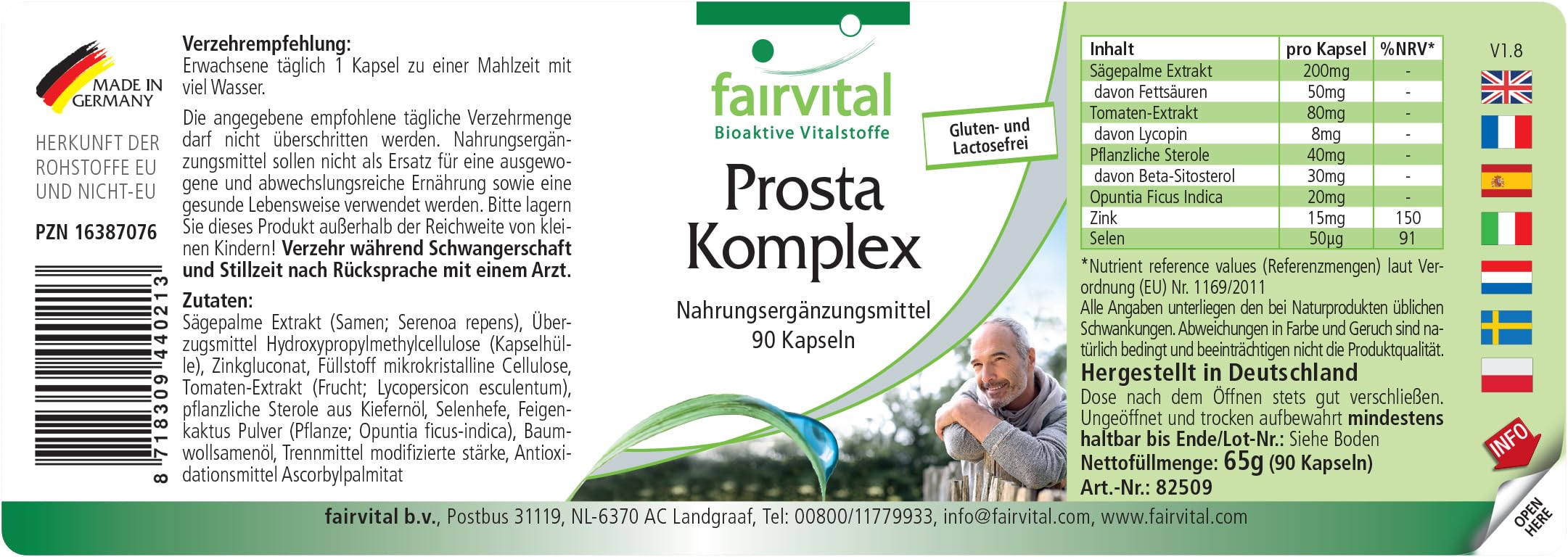 fairvital Prosta Komplex, VEGANO, ALTO DOSAGGIO, 90 capsule, con selenio, zinco, palma nana, licopene, beta-sitosterolo e opuntia