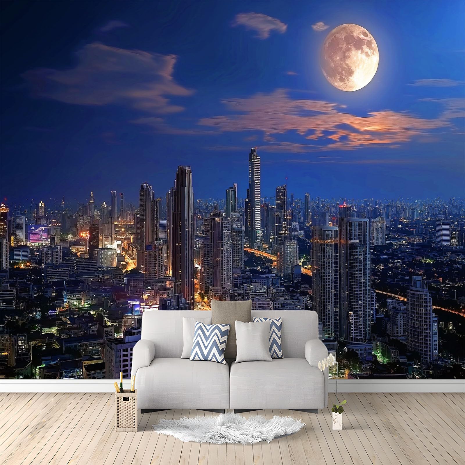 Fototapeta z włókniny, efekt 3D, 200 x 140 cm, nowoczesna dekoracja ścienna, miasto, drapacz chmur, widok nocny, ciemnoniebieska - panoramiczny obraz ścienny do salonu i sypialni, korytarza, duża