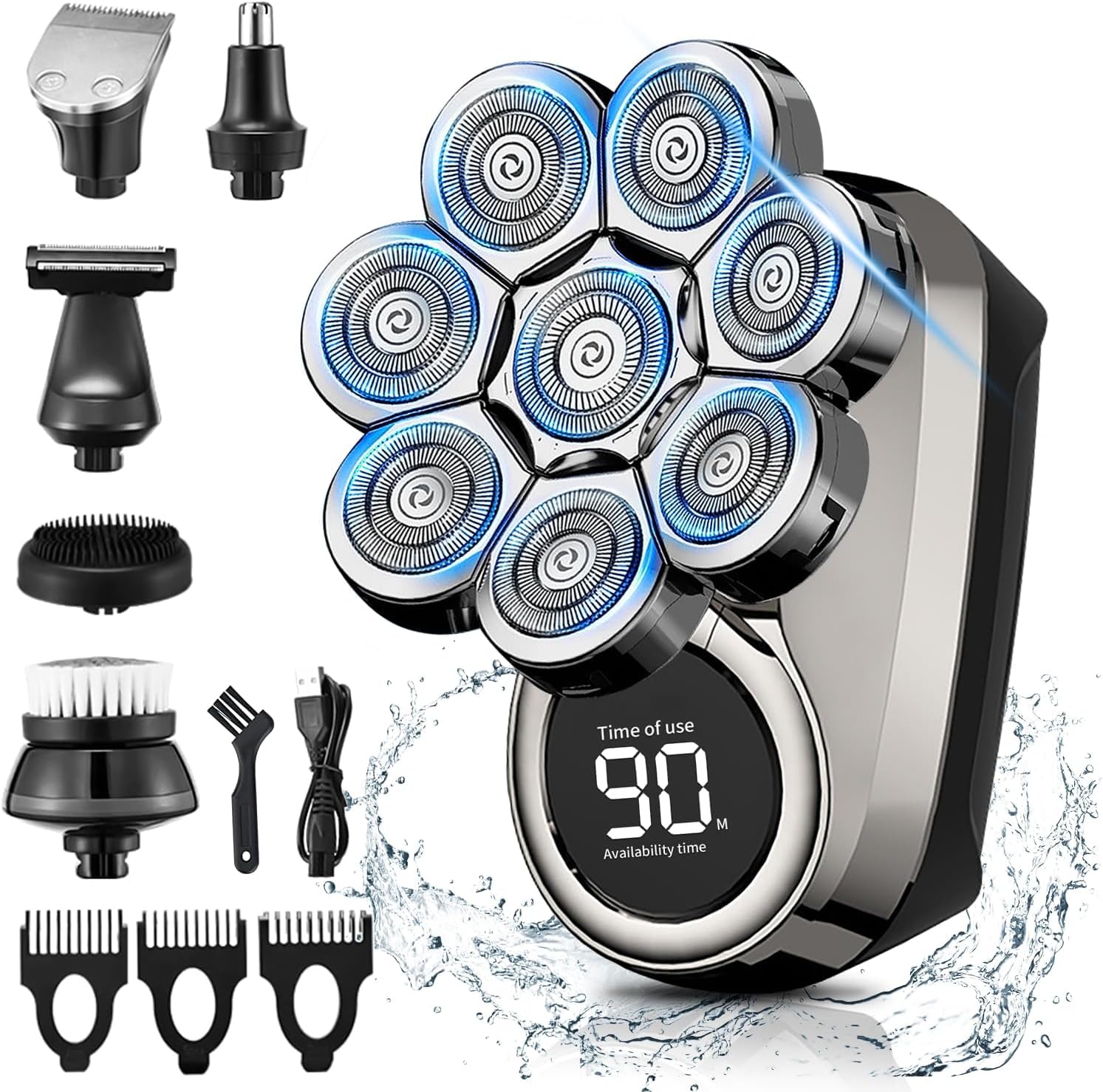 8D Head Shavers for Bald Men, Detachable Electric Razor IPX7 Waterproof Wet Dry LED Display, Mens Rotary Shaver 6 in 1 Grooming Kit