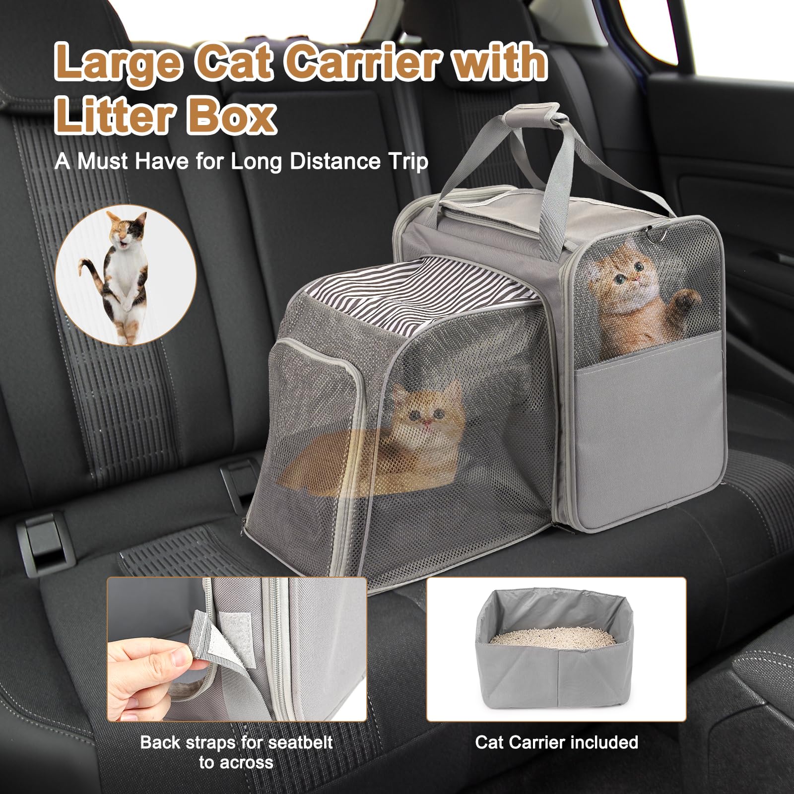 Cat Carrier with Litter Box, LitaiL Soft Cat Travel Carrier for Car Travel Long Distance, Expandable Large Cat Carrier, up to 20 lb to Road Trip, Camping, Hiking, Grey