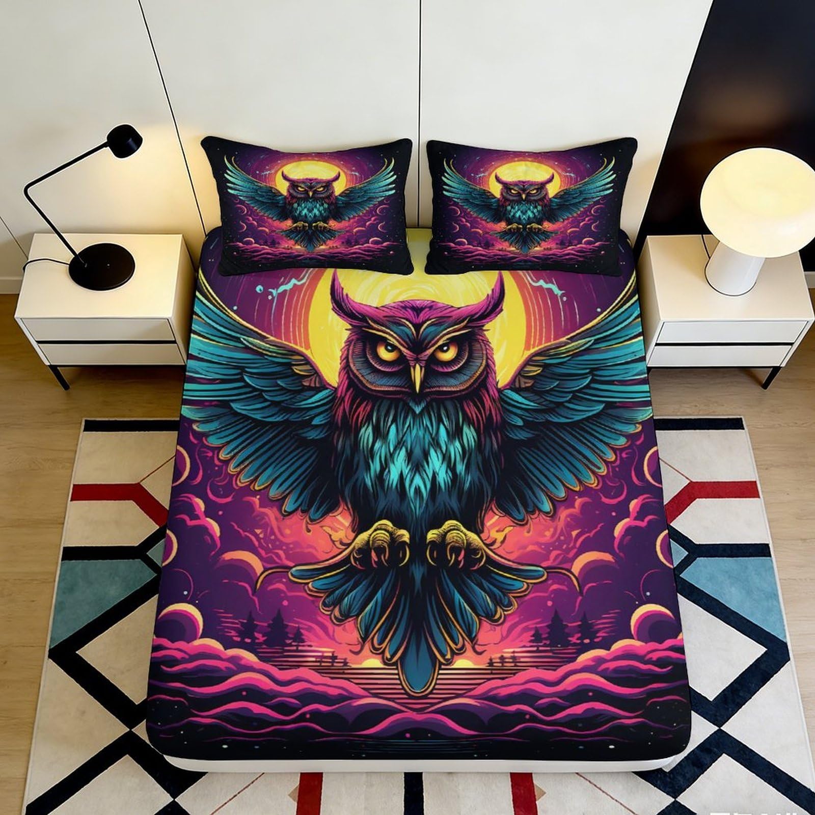 3D Printed Neon Owl Fitted Sheet Microfiber Soft Anti-Slip Mattress Cover for Bedroom Dorm Artistic Decor 120x200x25cm