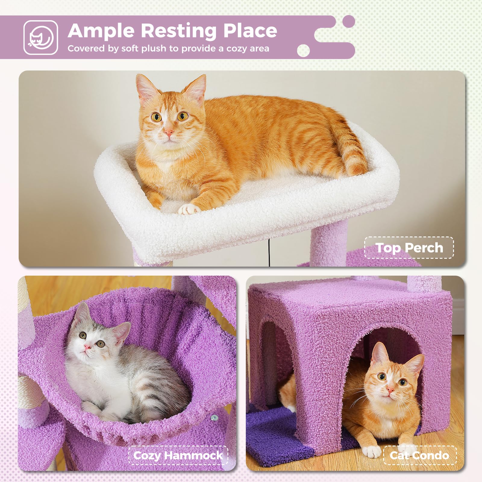 PAWZ Road, Struttura ad albero per gatti, da interni, con spaziosa cuccia, 1 piano in sisal, 3 pali tiragraffi, grande amaca e trespolo, 90 cm, viola