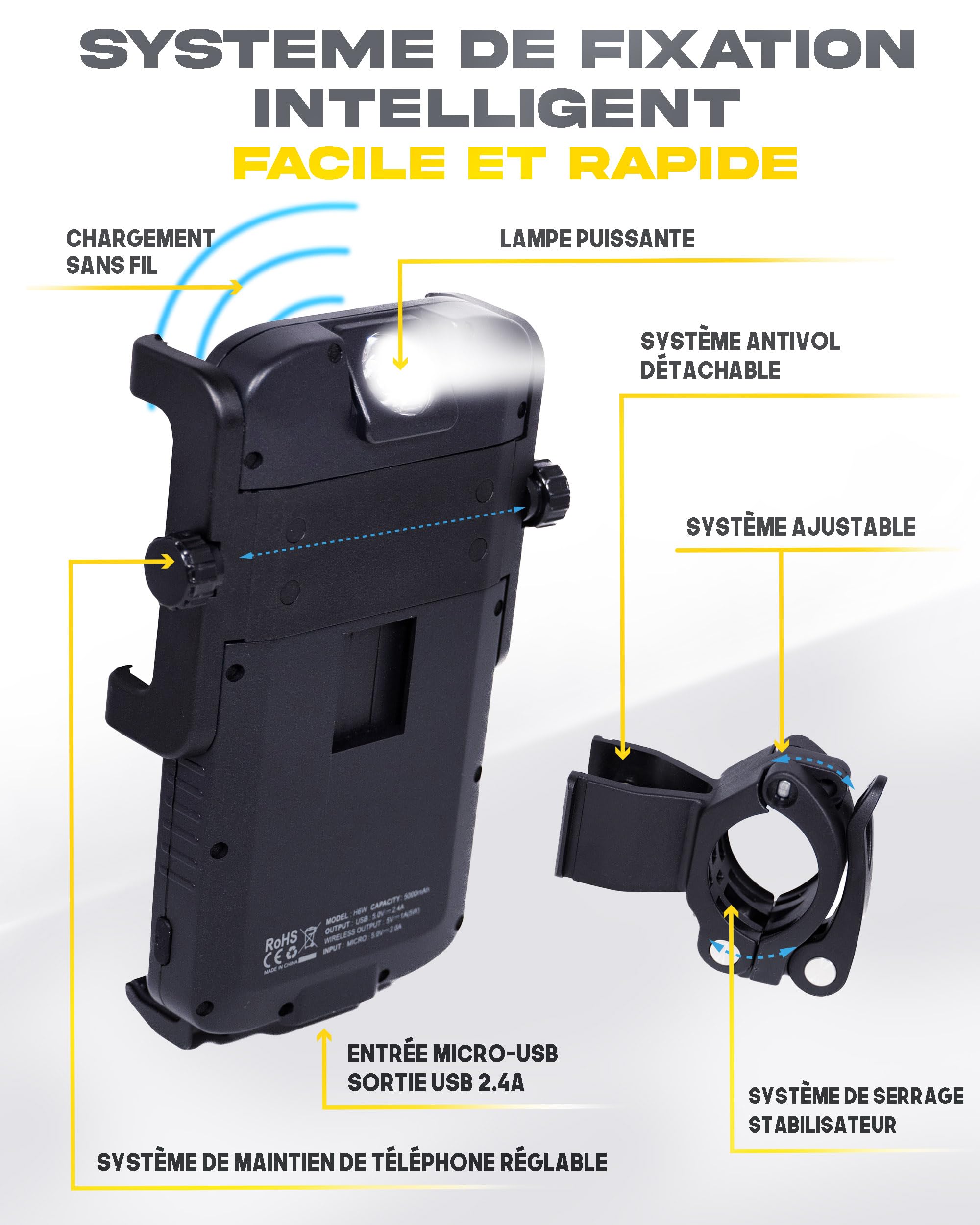Support Vélo Moto Avec Batterie 5000mAh Et Charge Sans Fil - Cyclotron - Pour Téléphone Et Lampes LED