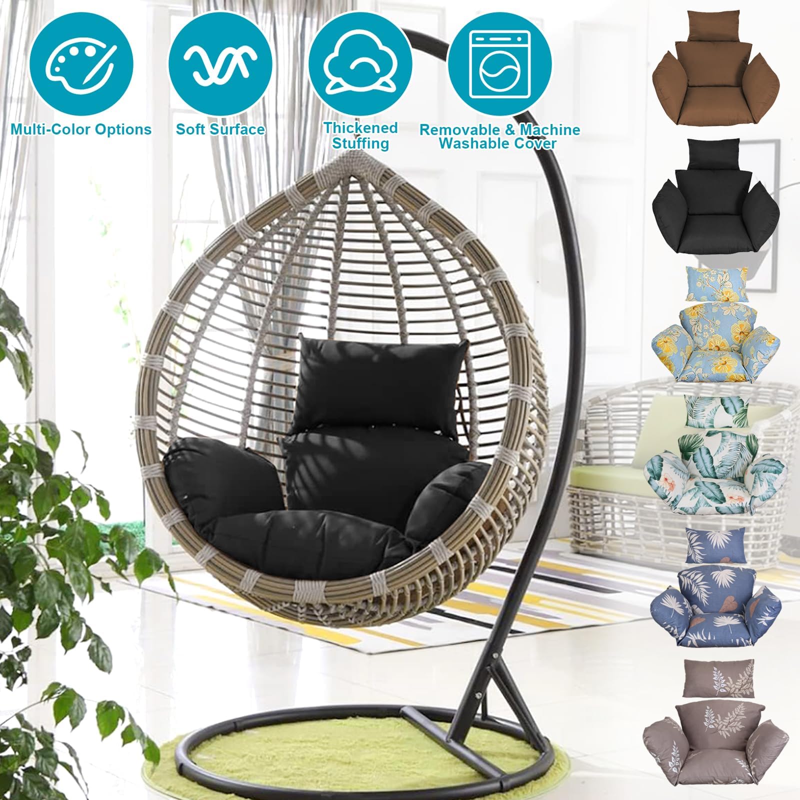 Egg Chair Cushion Replacement – Thick Memory Foam, Weather-Resistant, Non-Slip Patio Swing Seat Pad (Black)