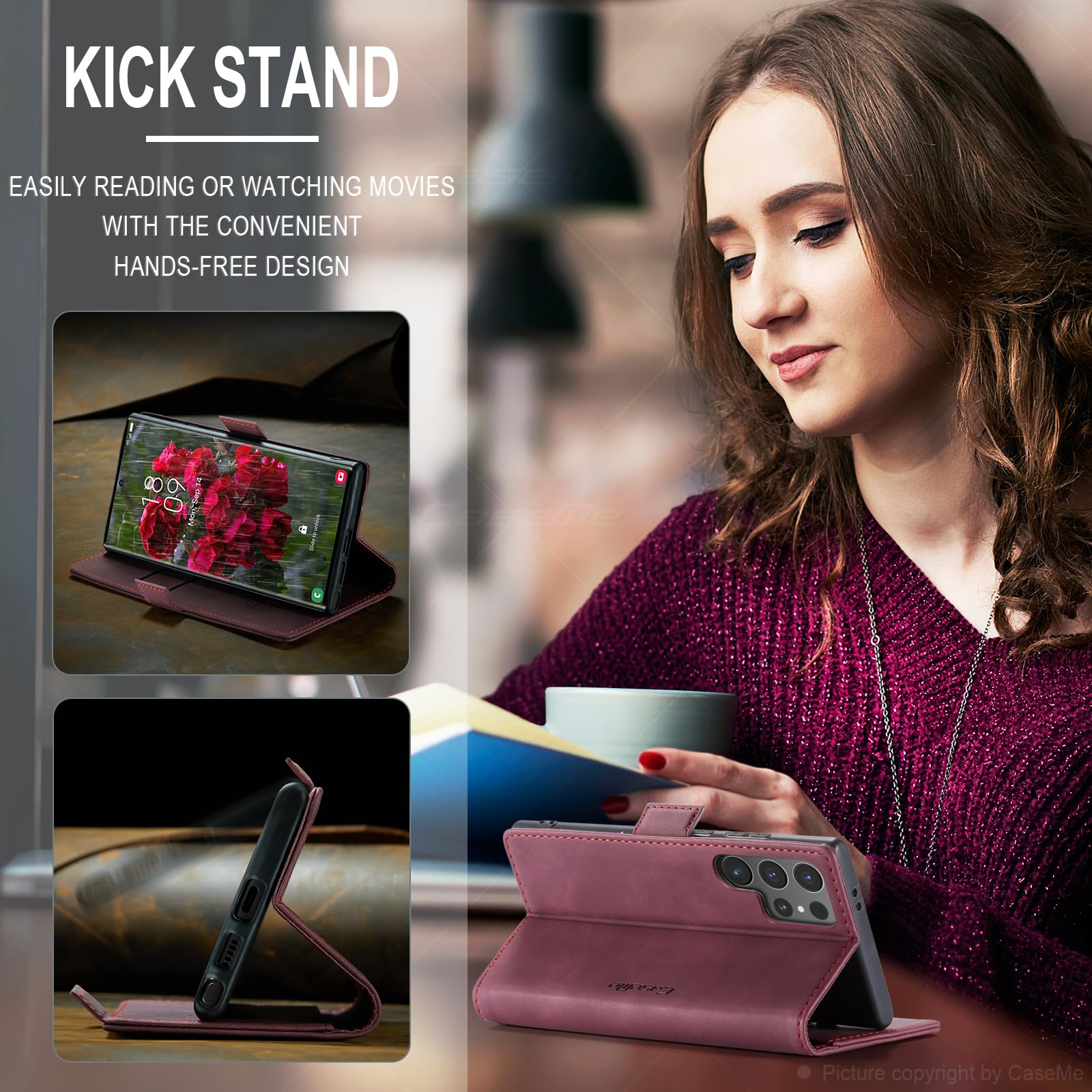 Azororo Cover per Samsung Galaxy S24 Ultra 5G, Premium PU Pelle Custodia, Magnetica Carta Fessura Portafoglio Case, Flip Cavalletto Custodia per Samsung Galaxy S24 Ultra- Vino Rosso