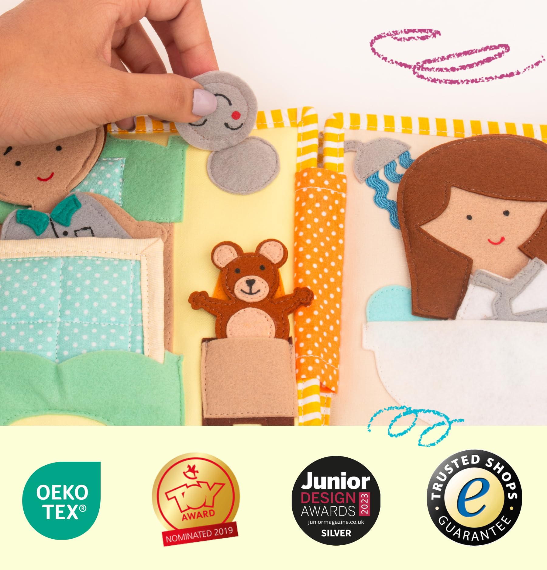 Jolly Designs Mini Quiet Book Beinvenue a Moi – Giocattolo Montessori da 2 anni – Libro sensoriale & Libro tessuto per bambini – Busy Book fatto a mano in feltro – Giocattolo educativo e di viaggio