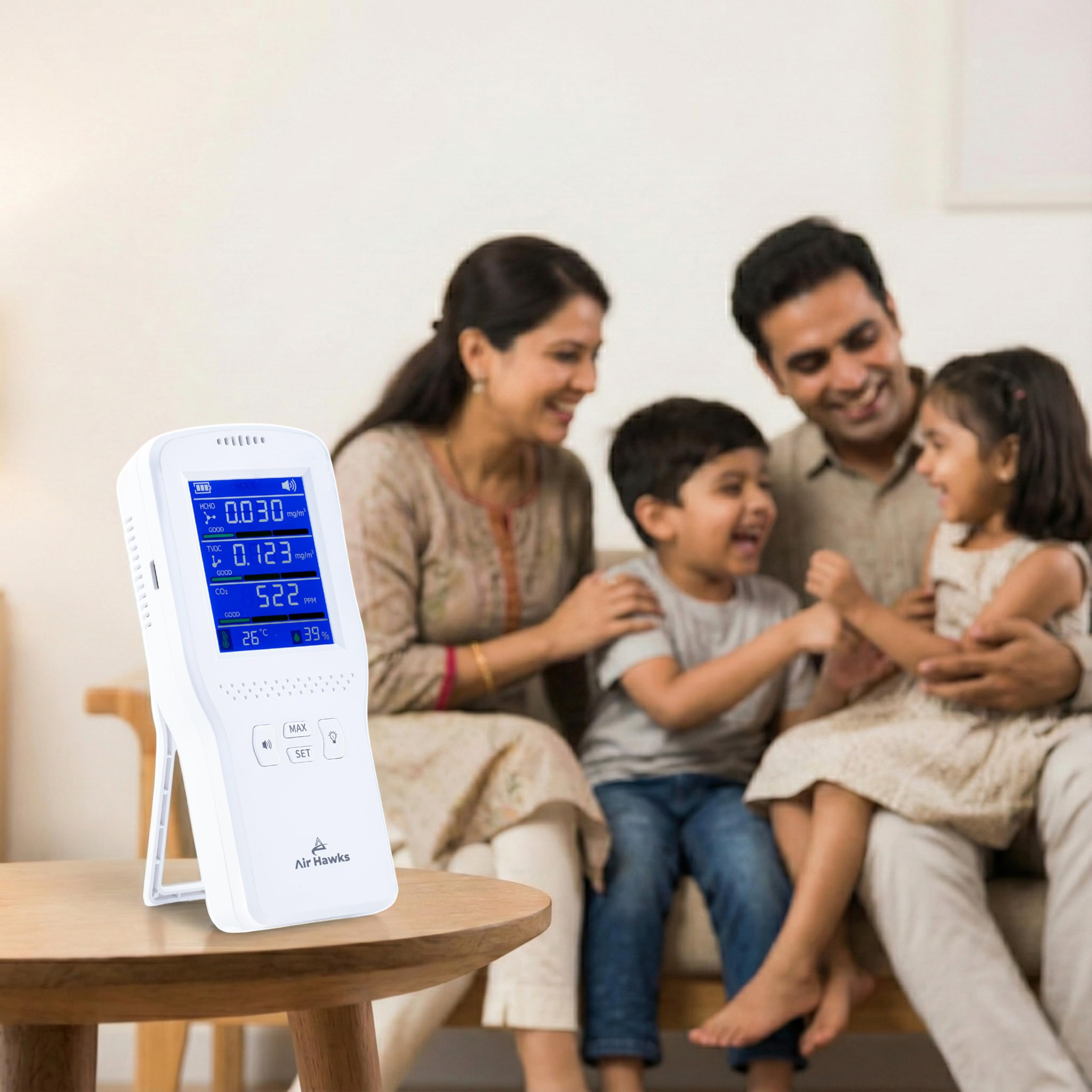 AIR HAWKS Intelligent Air Quality Detector – Multifunctional, Ultra-Precise Formaldehyde, CO₂, TVOC, Temperature & Humidity Sensor, 2000mAh Battery, AQI Pollution Meter