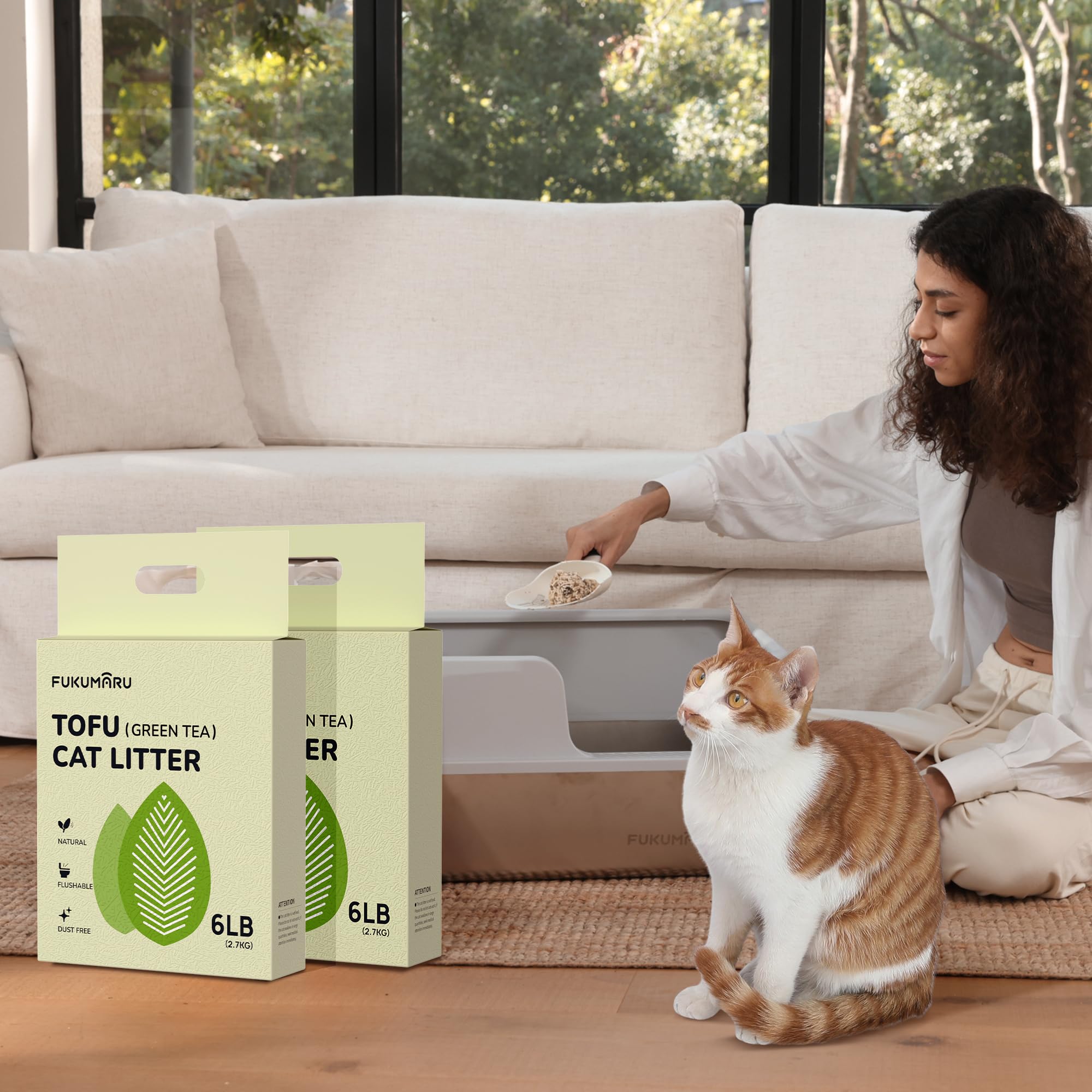 FUKUMARU Lettiera per Gatti al Tofu 10,8 kg - Lettiera Agglomerante per Gatti, Controllo degli Odori con Aroma di Tè Verde, Senza Polvere e Facile da Agglomerare, Smaltibile nel WC.