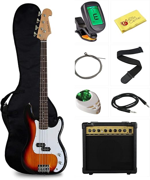 Beginner Series Bass Guitar Bundle with 15-Watt Amp, Gig Bag, Instrument Cable, Strap, Picks, and Polishing Cloth - Sunburst