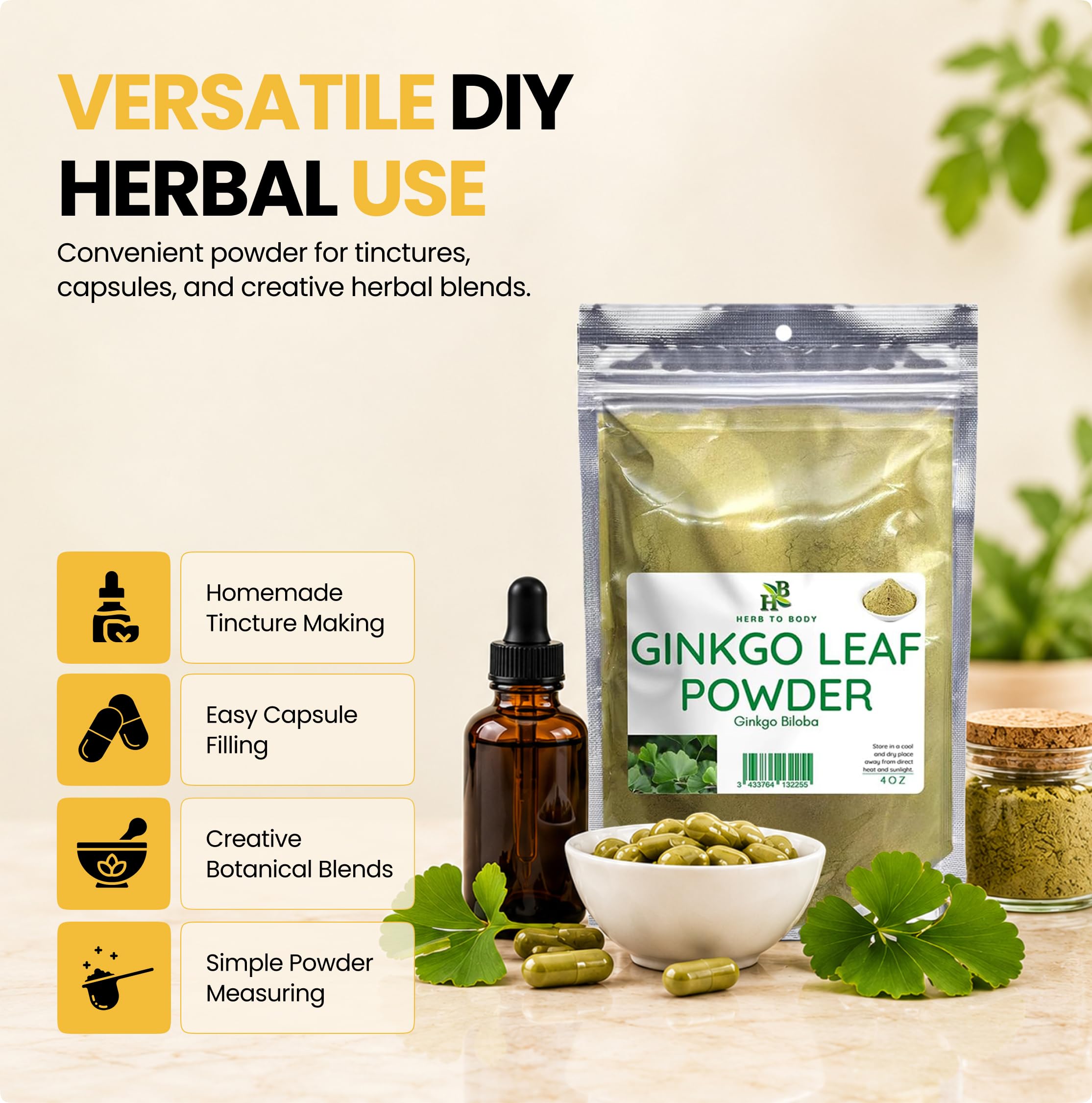 Herb To Body Ginkgo Leaf Powder – 4oz, Wildcrafted Ginkgo Biloba Organic Leaf Powder for Herbal Tea, Blends, and Traditional Botanical Preparations — Amazon image 5