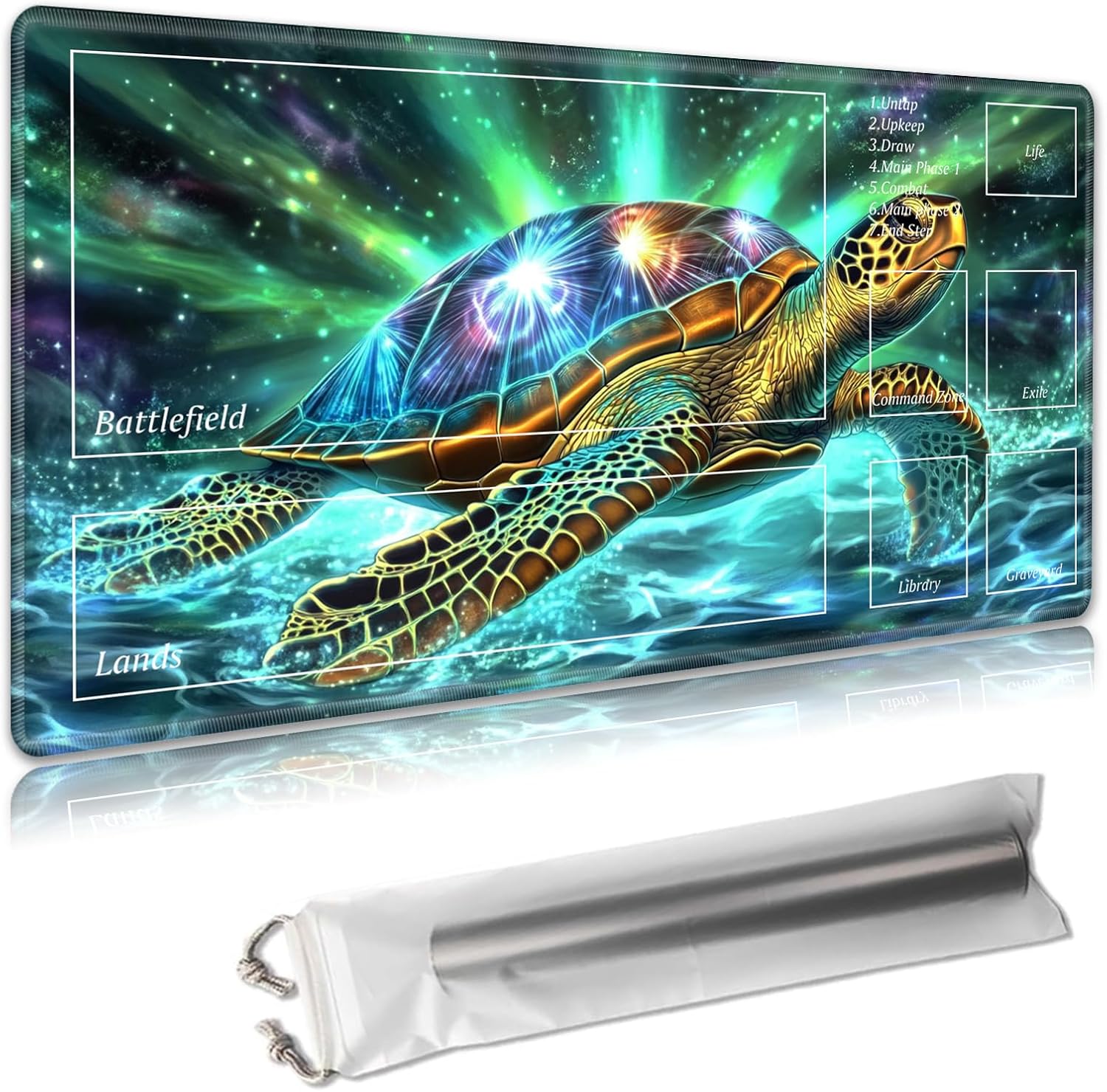 MTG Playmat with Zones – TCG Trading Card Game Mat – 24x14 Inches – Stitched Edges, Non-Slip Rubber Base – Portable Play Mat Desk Mouspad with Storage Bag,Graceful Gliding Green Turtle