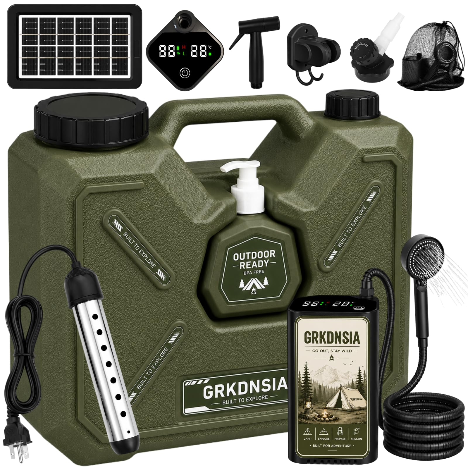 Camping Shower with Heater for USB Solar Charging Panel, Portable Shower Food-Grade Water Jug, 6000mAh Portable Shower Pump, 1500w Immersion Heater with Auto Shut-Off for Outdoor, Camping, Hiking