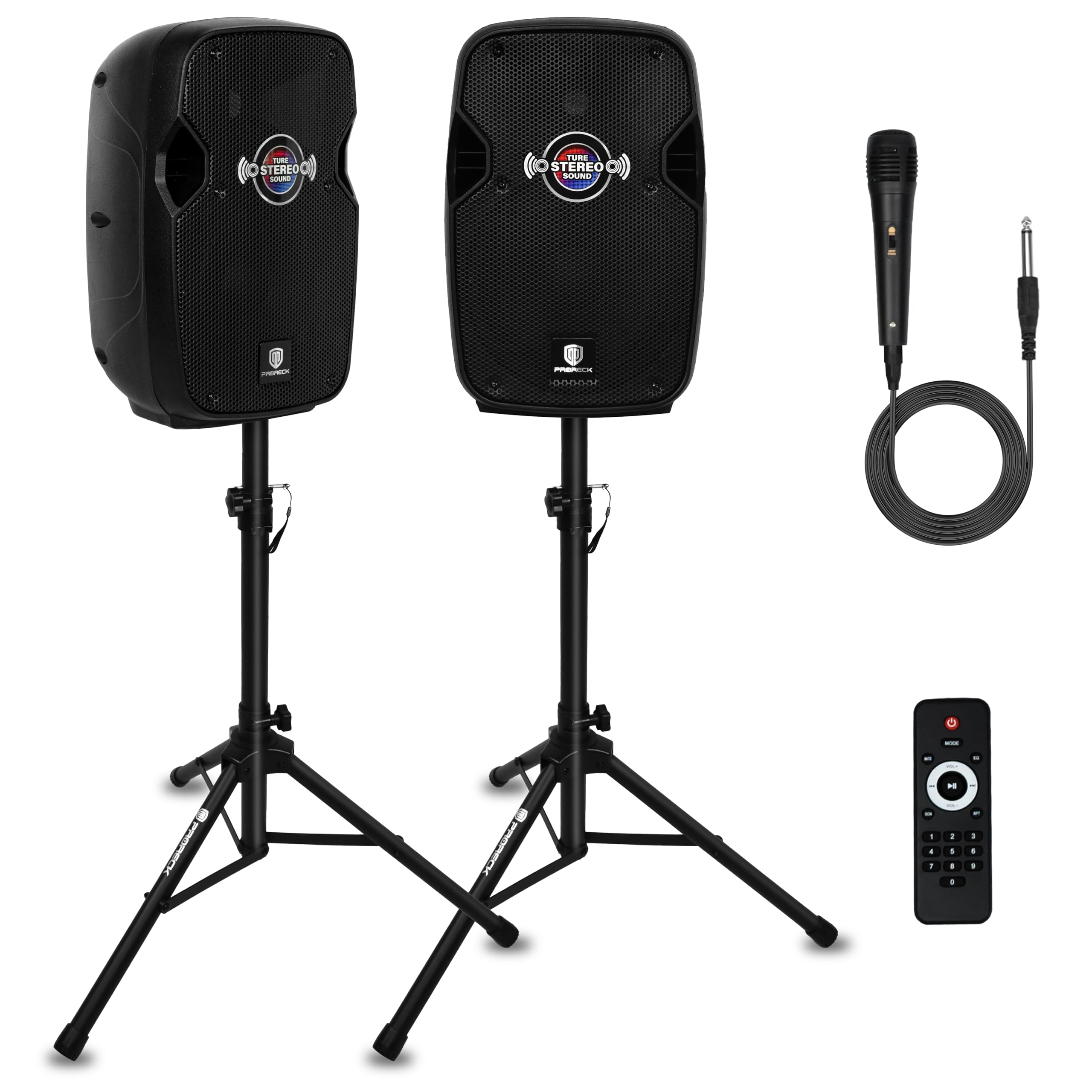 PRORECK Impact 10 10-Inch Stereo Speakers, 800W Peak Power Bluetooth PA Speaker System with Wired Microphone, Speaker Stands &amp; Remote – Portable DJ Speaker for Parties, Events, Karaoke, Outdoor Use