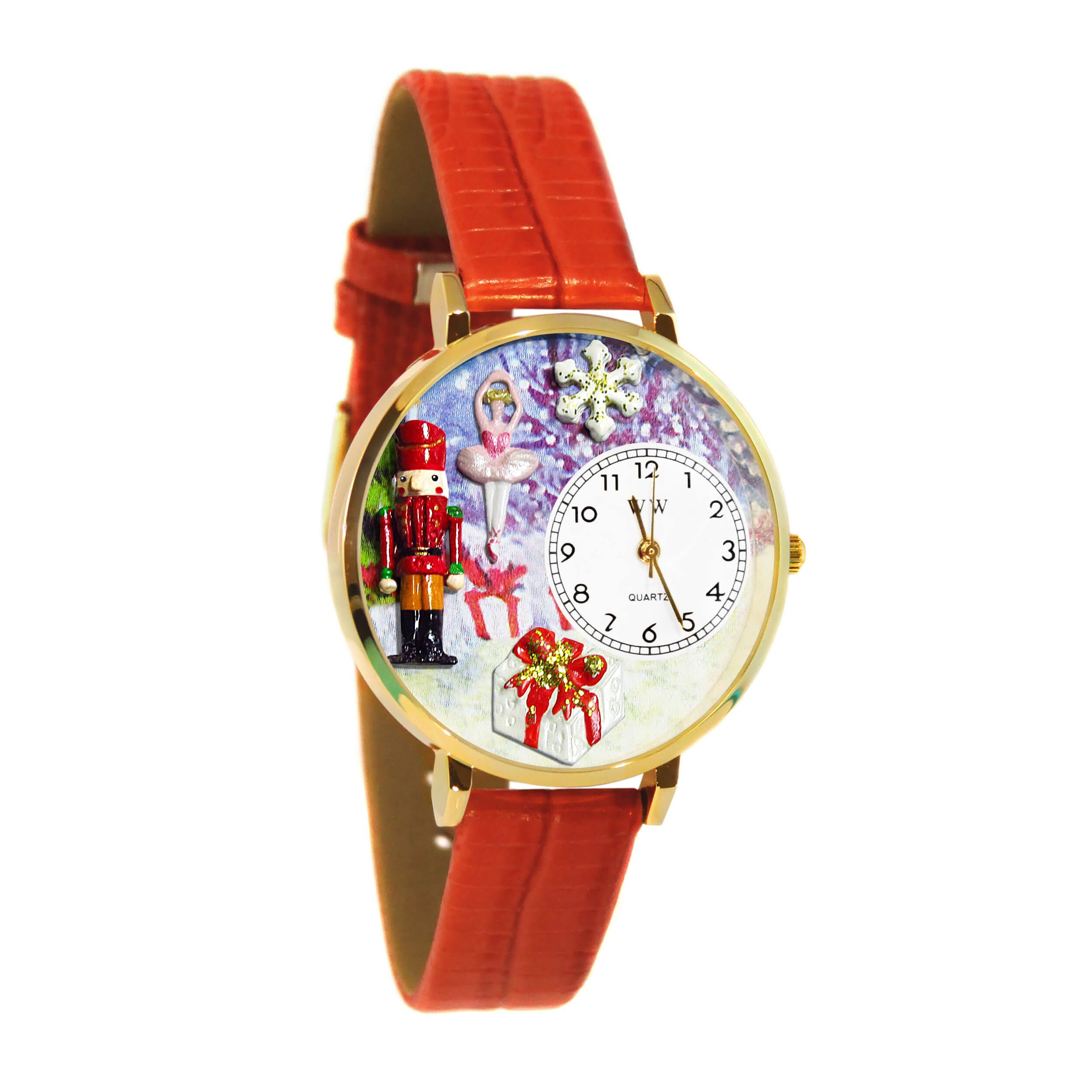 Whimsical Gifts Christmas Nutcracker 3D Watch | Gold or Silver Finish Large | Unique Fun Novelty | Handmade in USA | Red Leather Watch Band