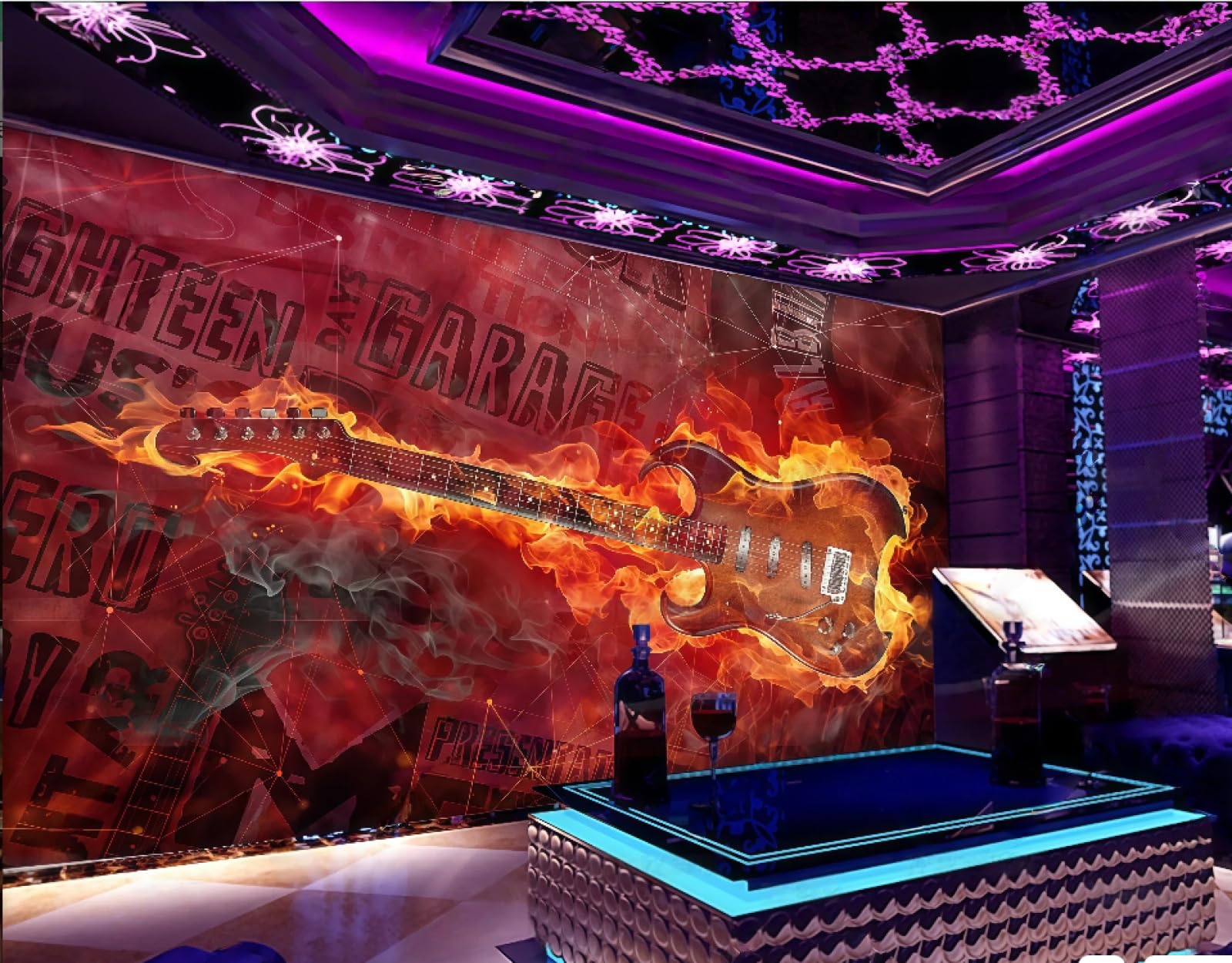 Rskjdghshd 3D Wallpaper Fashion Cool Flame Guitar Music Dance Hall Theme Bar Western Restaurant Background Wall Mural Afternoon Tea Coffee Shop Wallpaper,,200X140cm