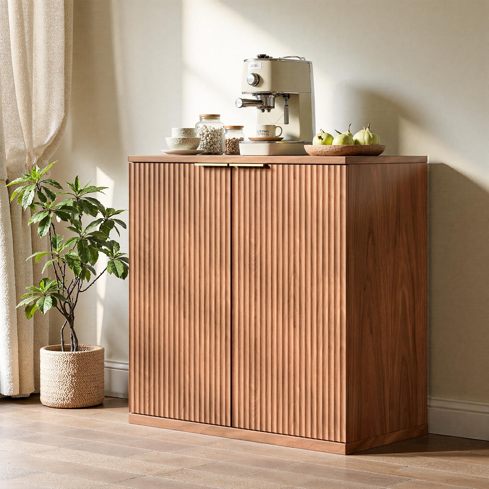 Evermagin 31.5" Walnut Buffet Cabinet with Storage, Small Sideboard Cabinet, Boho Fluted Accent Credenza for Dining Room, Kitchen, and Living Room
