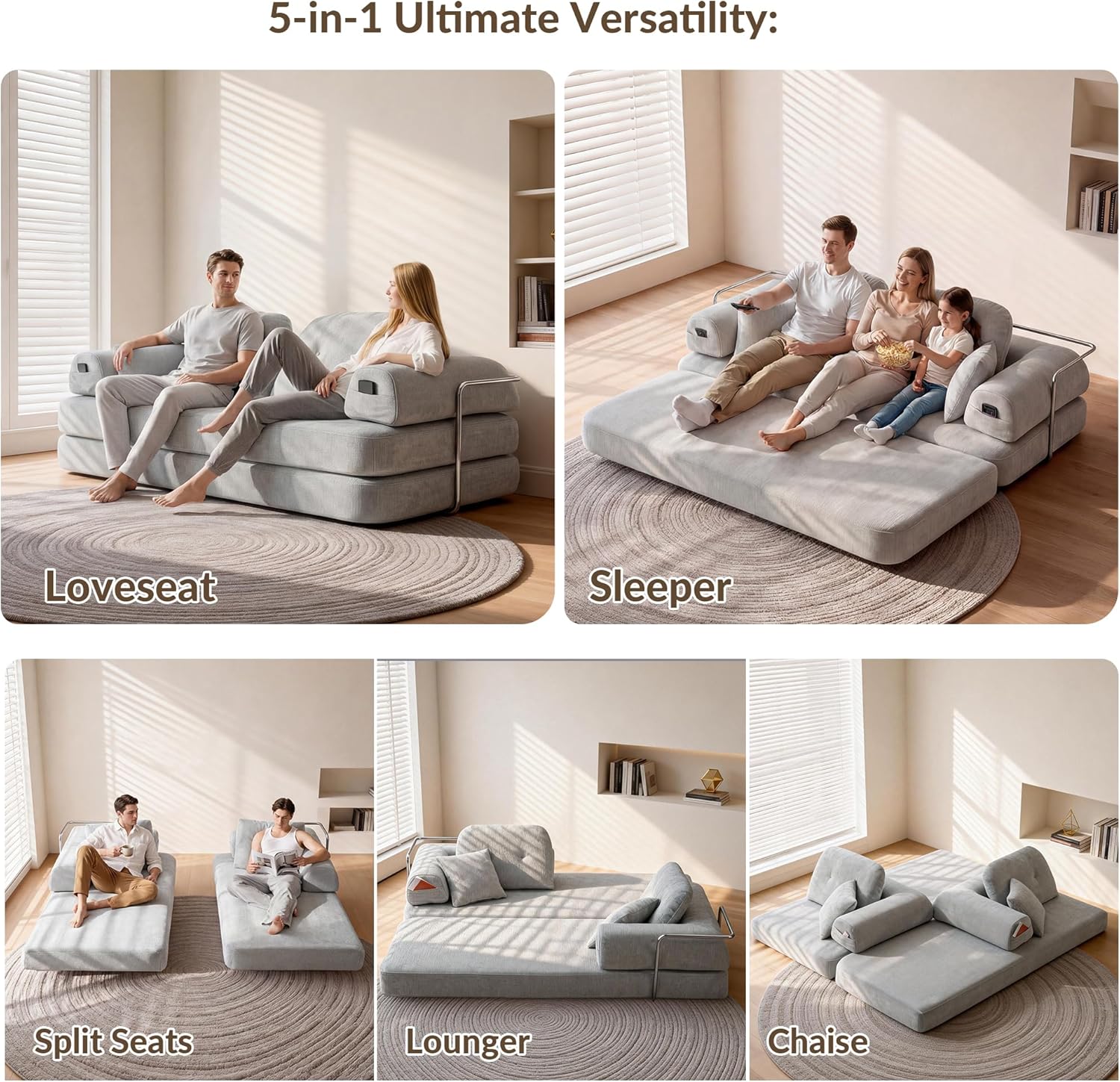 Kuahisoofa Boneless Couch, Chenille Floor Sofa Bed for Living Room, Modular Convertible Loveseat Sleeper with Storage Armrests, Non-Slip High Density Foam Guest Bed for Apartment Dorm, Oatmeal