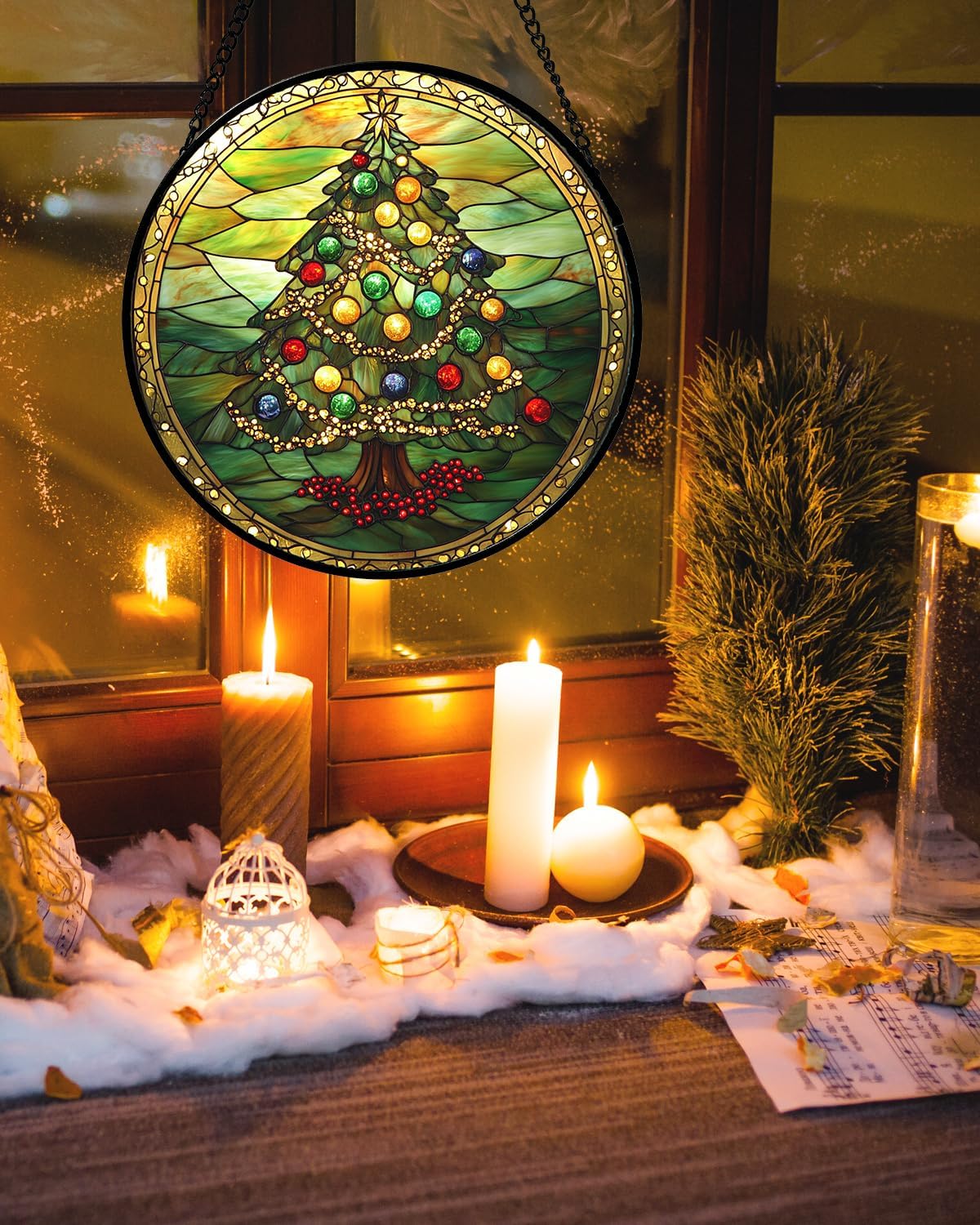 Stained Glass Window Hanging - Green Christmas Tree Gold Ribbon Suncatcher for Doors Home Christmas Decoration Sun Catcher Thanksgiving New Year Birthday Gifts for Women Men Mom Nana 9.8 in - Image 2