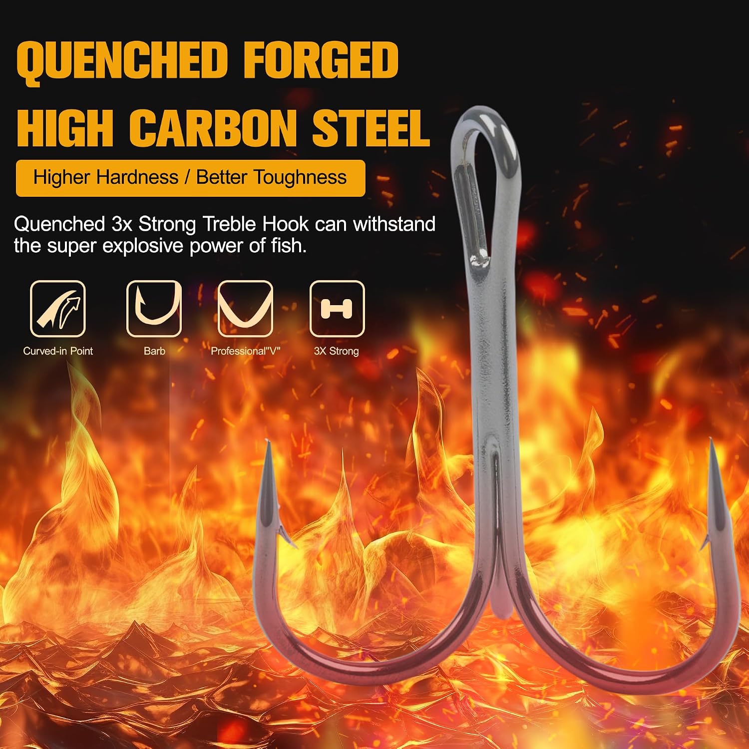 50 Pack Fishing Treble Hooks Kit High Carbon Steel Fish Hook Strong Sharp Round Bend Split Rings for Lures Baits Saltwater Freshwater Fishing Size 1/0 2 4 6 8 10
