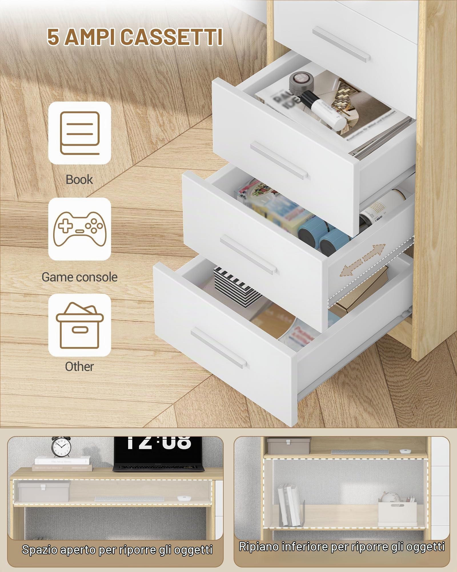 Hzuaneri Scrivania per Computer con 5 Cassetti, Scrivania Ufficio, Tavolo Moderno con Ripiano, per Studio, Ufficio, Camera da Letto, 50 x 108 x 75 cm, Quercia e Bianco CD10531X