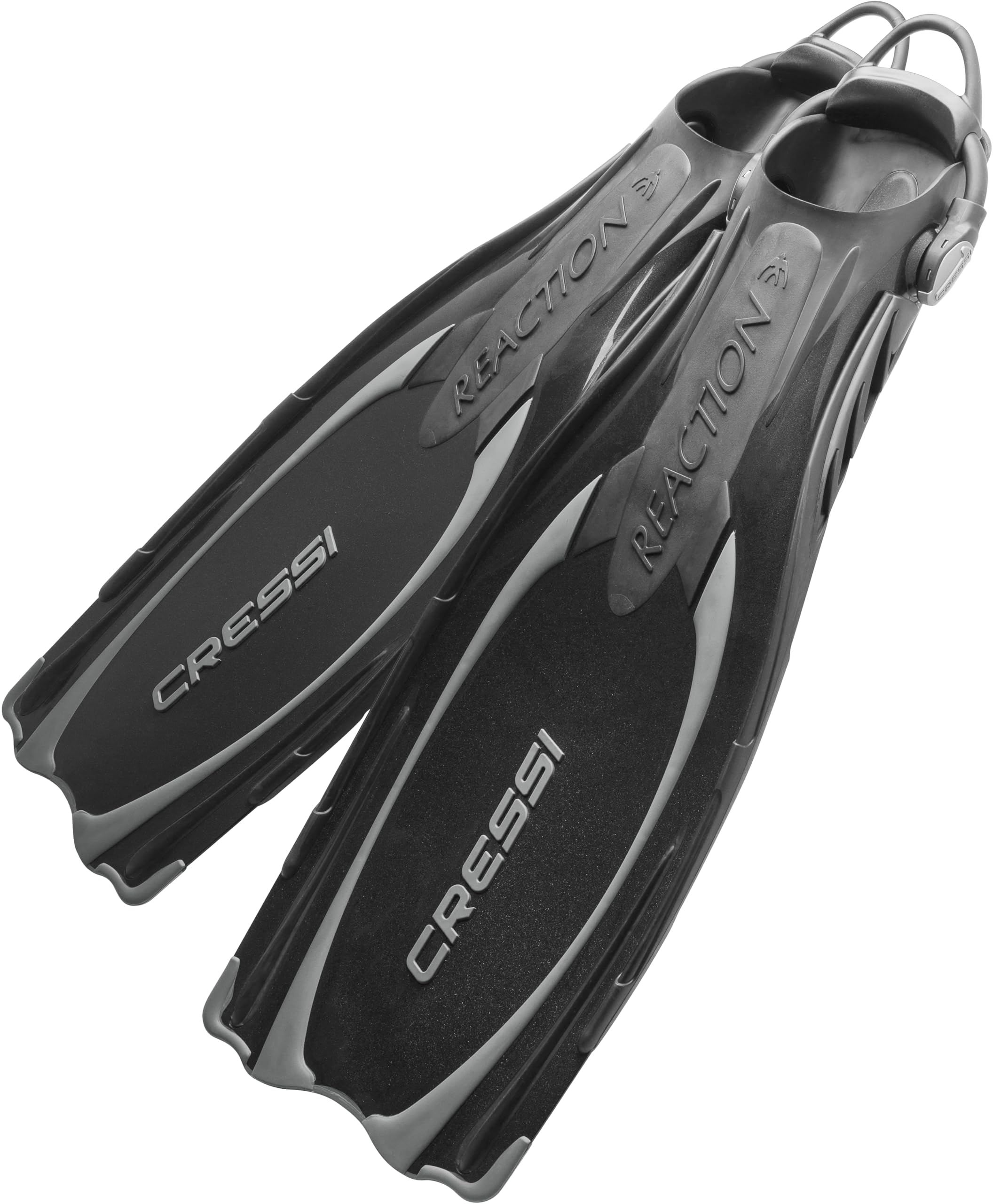 Cressi reacción EBS, potente talón abierto Buceo Aletas (fabricado en Italia), negro/plata