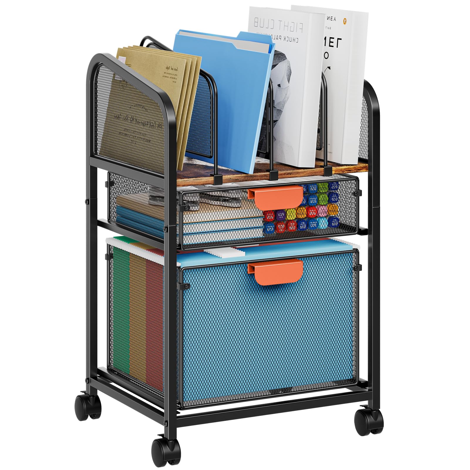 Marbrasse Carrello portadocumenti con divisori regolabili, armadietto mobile su ruote bloccabili, organizer per schedario da ufficio, organizer per cartelle da appendere, per casa e ufficio, marrone