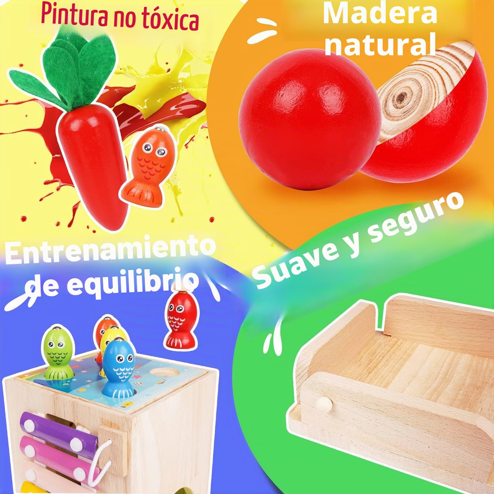 Cubo de Habilidades Motoras de Madera,9 en 1 Cubo de Actividades ,Juguetes Madera Bebe Con Recoger Zanahorias, Juego de Pelota,Pescar,Clasificar y Apilar Juguetes,Juguete Montessori 2 3 4 5 años