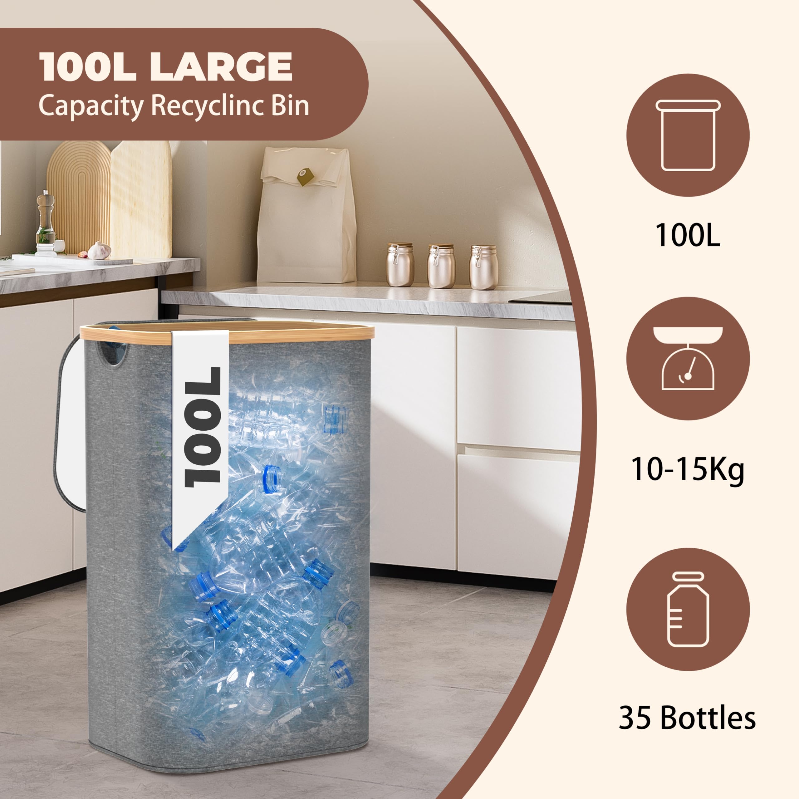 Returnable Bottle Container 100L Grå – Bottle Collector with 2 Transport Bags – Deposit Bottle Container Drop Hole – Bamboo Foldable