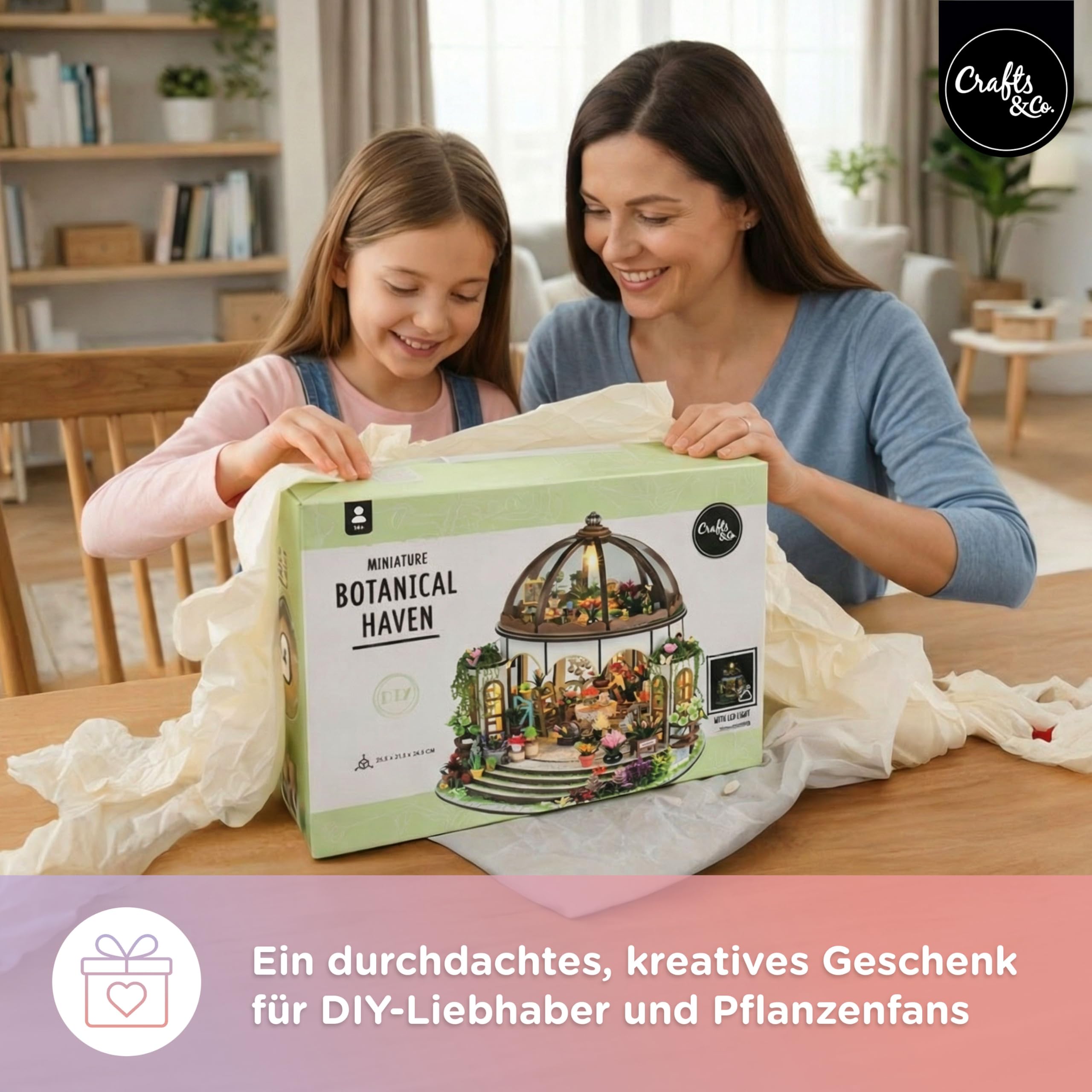 Crafts&Co® Miniatur | DIY Miniaturhaus mit LED Beleuchtung | 405 Teile Miniatur | 3D Modellbausatz & Bastelset mit Zubehör, Werkzeug | Detailreiches Gartenhaus | 25.5x21.5x24.5 cm