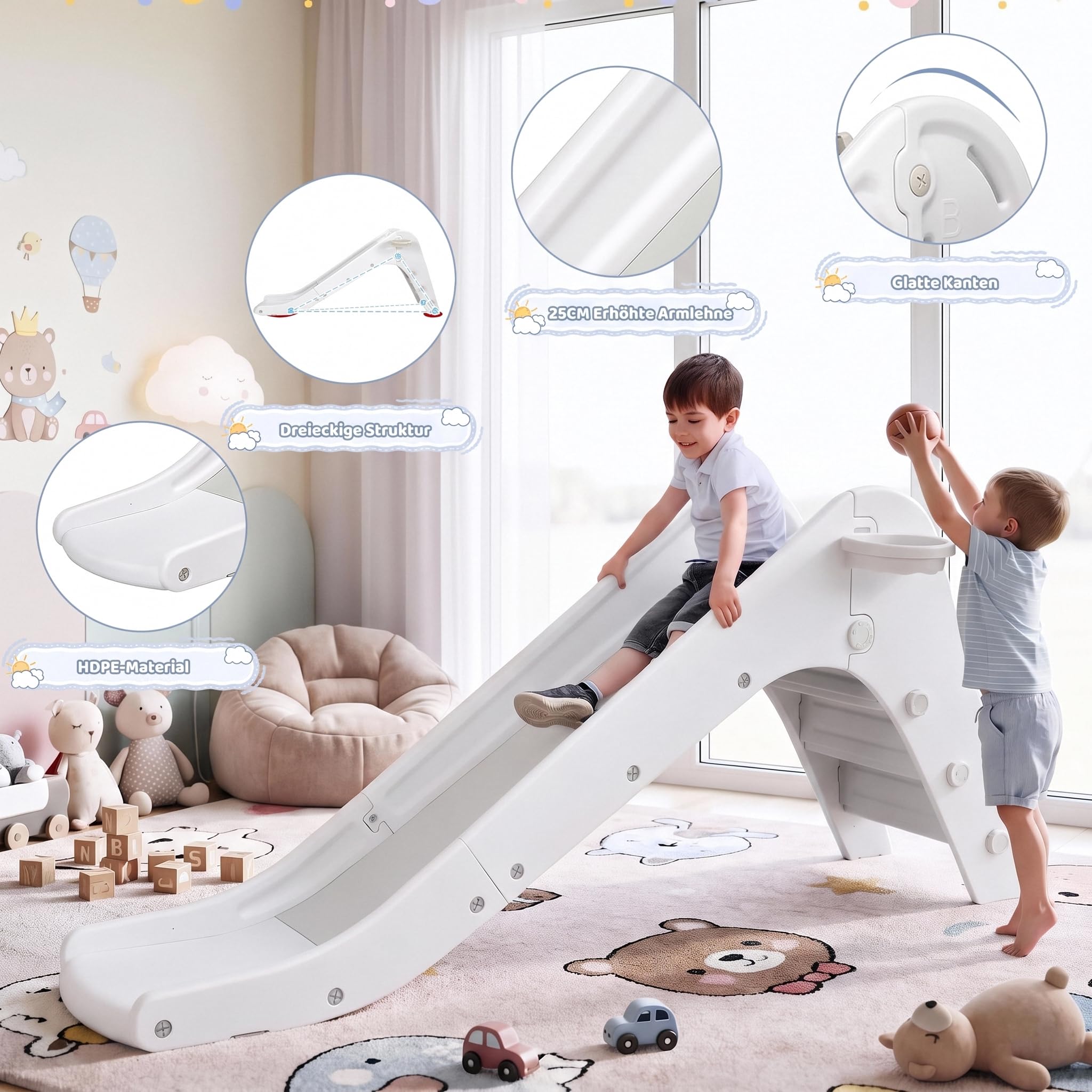 Scivolo per Bambini 190cm con Canestro da Basket, Scivolo per Bambini da Casa Interno, Plastica Scivolo da Giardino con Maniglie e Scale, 1-5 Anni, Grigio e Bianco