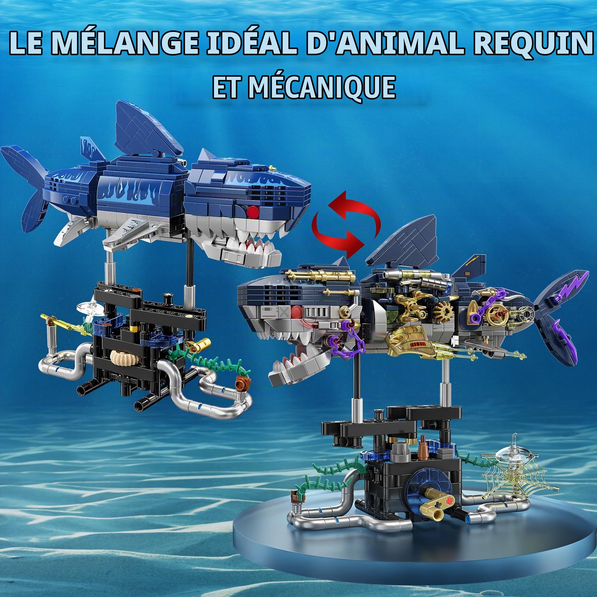 TYCOLE Requin Mécanique en Briques, Jeu de Construction Modèle avec Support | 699 Pièces, Jouet STEM Animal Marin, Modèle à Collectionner, Cadeau d’Anniversaire & Noël pour Adultes, Ados & Garçons 6+