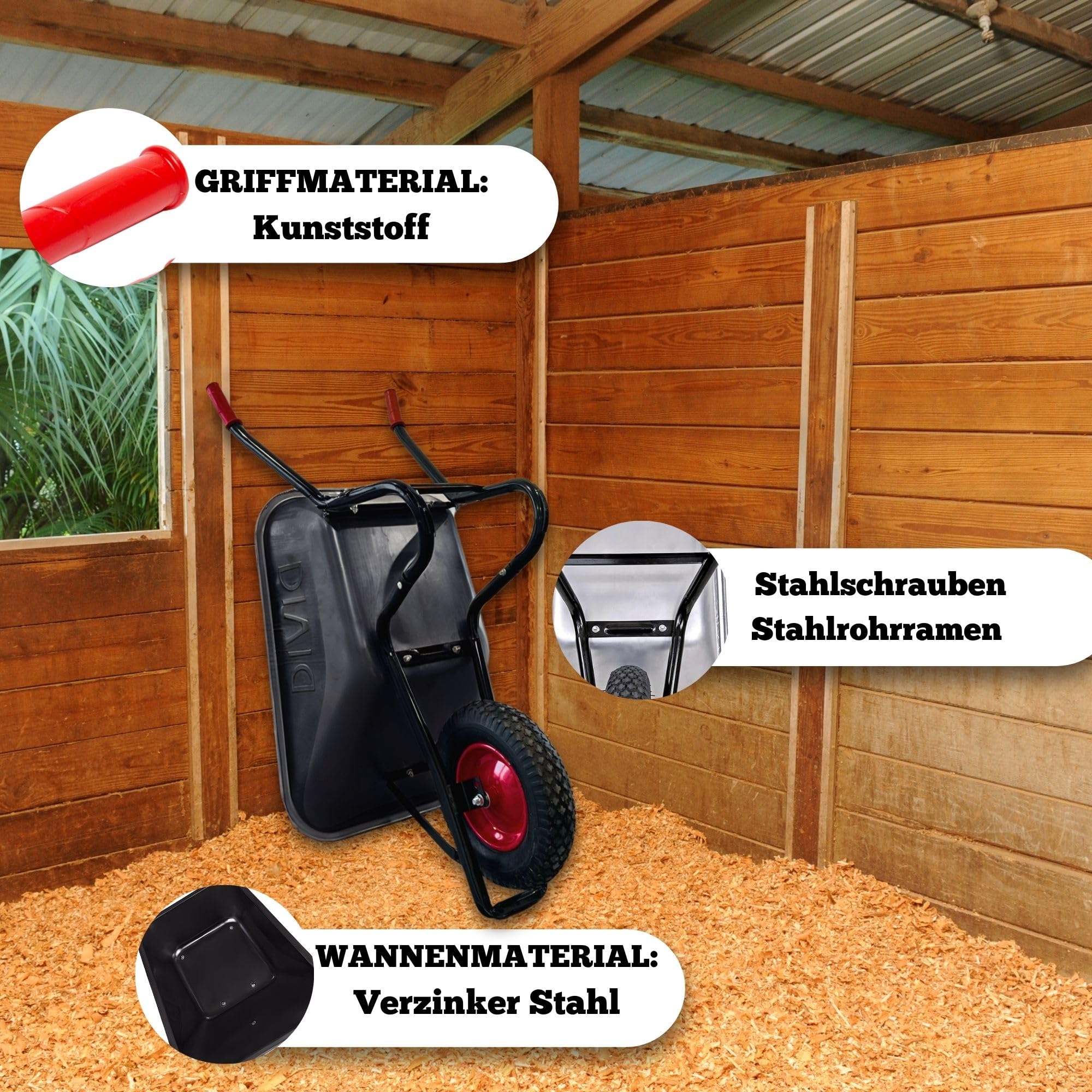 DIVID® Schubkarre 250Kg | 100Liter | Luftreifen mit Stahlfelgen | Schiebkarre | Bauschubkarre | Gartenschubkarre | Transportkarre mit robustem Stahlrahmen (Schwarz)