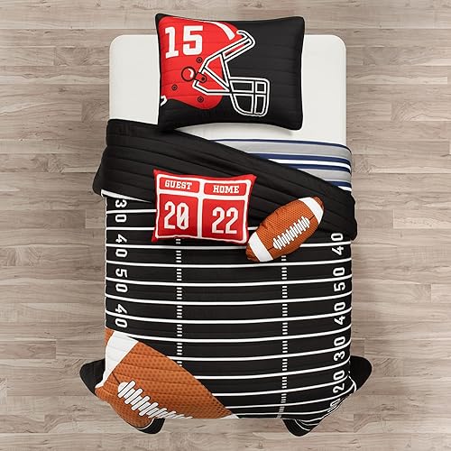 Lush Decor Edredón reversible de fútbol americano tamaño individual de 4 piezas en negro y azul marino - Juego de ropa de cama para niños pequeños
