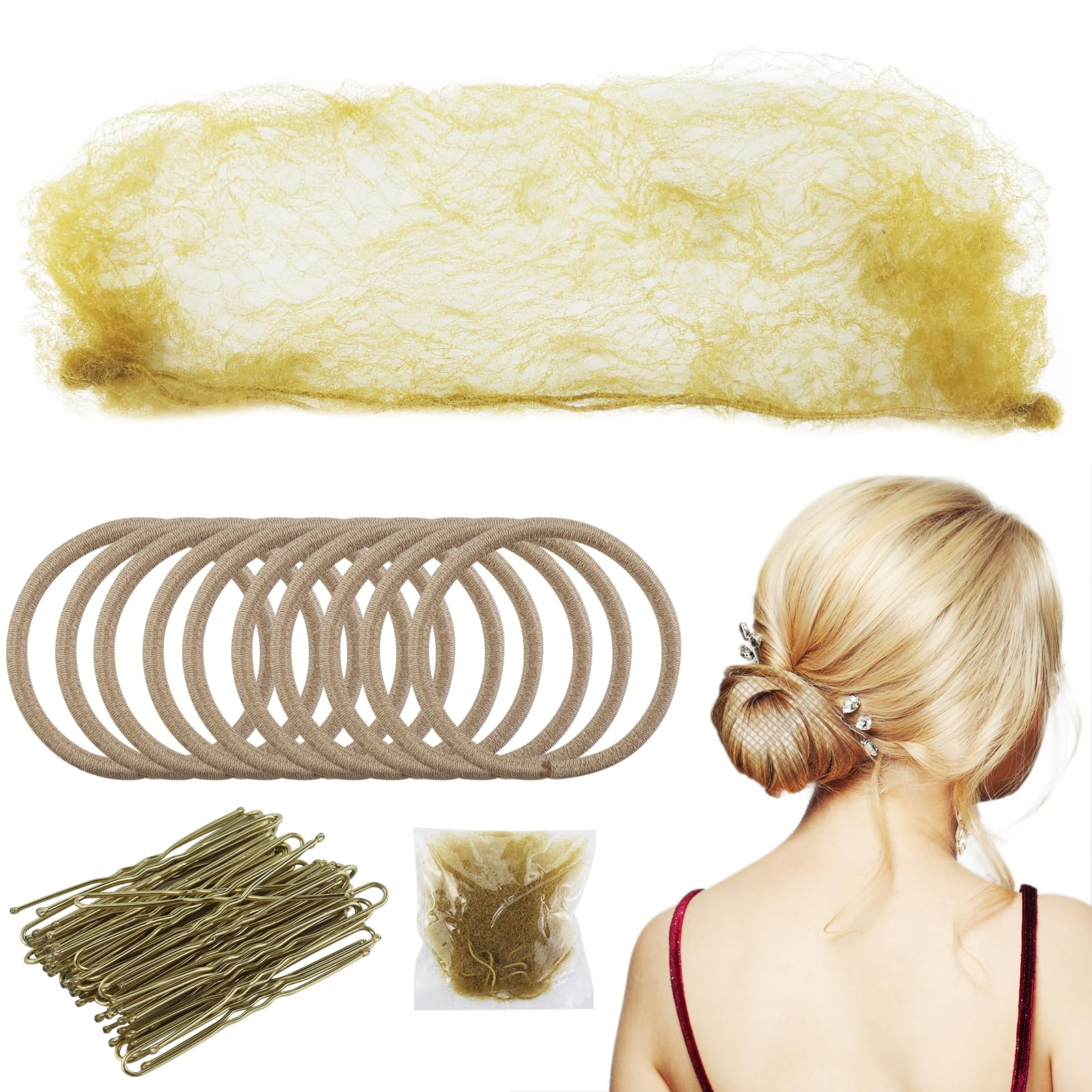 Set di retina per capelli biondi con 40 forcine e 12 elastici, bordo elastico in rete per chignon, forcine dorate a forma di U per ballerine, infermiere e donne