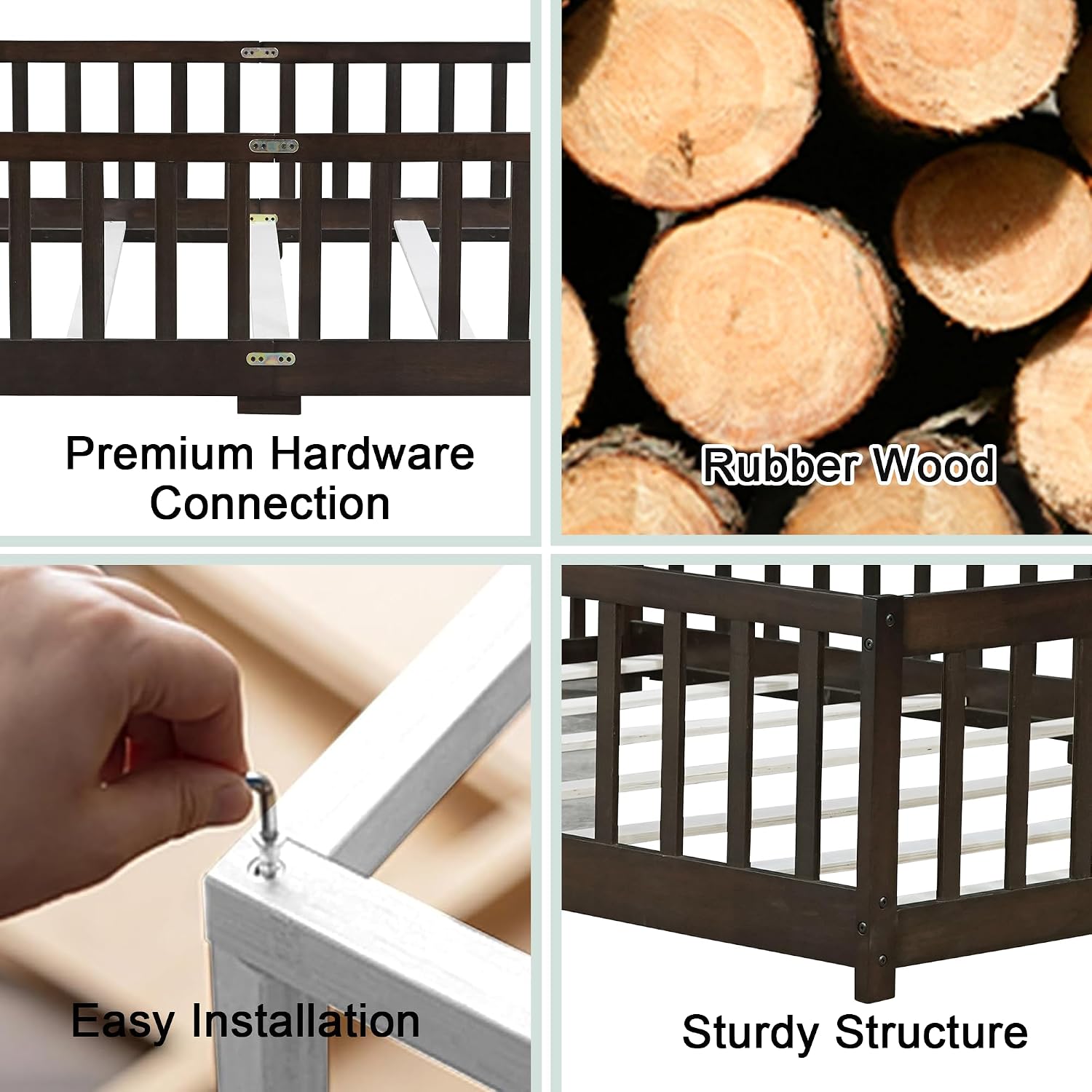 Queen Floor Bed with Safety Guardrails for Kids, Rubber Wood Montessori Bed with Slats and Convertible Door,Queen Size Bed Frame for Girls and Boys,No Box Spring Needed,Espresso